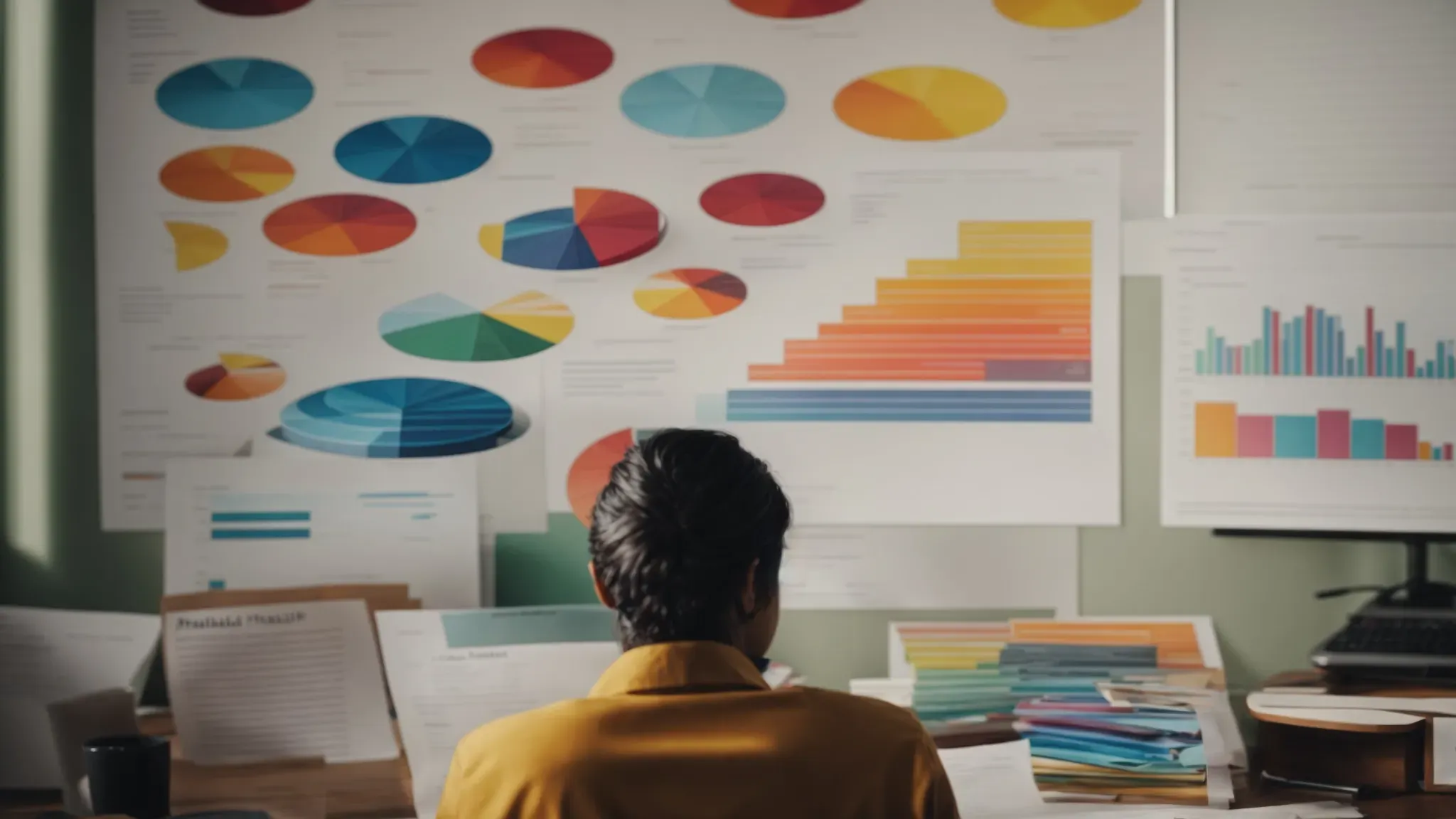 a person carefully analyses a stack of colorful pie charts and graphs while seated at a desk.