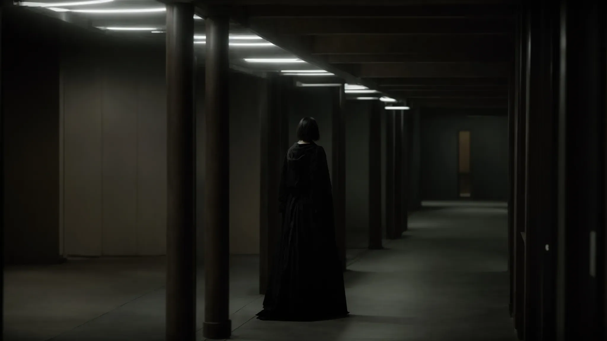 a solitary figure stands in an eerie, dimly lit hallway, exuding a sense of foreboding and suspense.