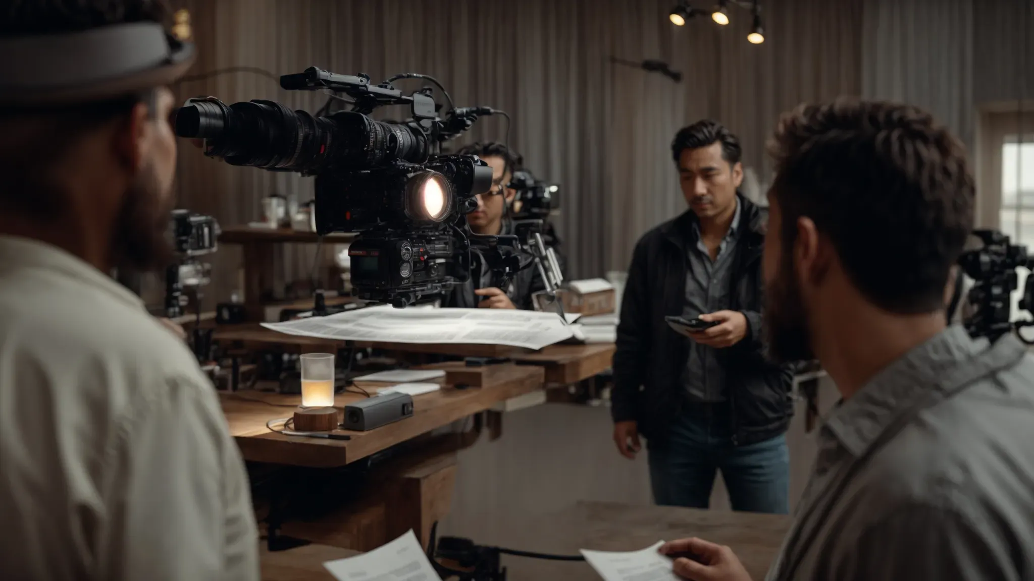 a director and an actor review a document on a film set with a camera and crew in the background.