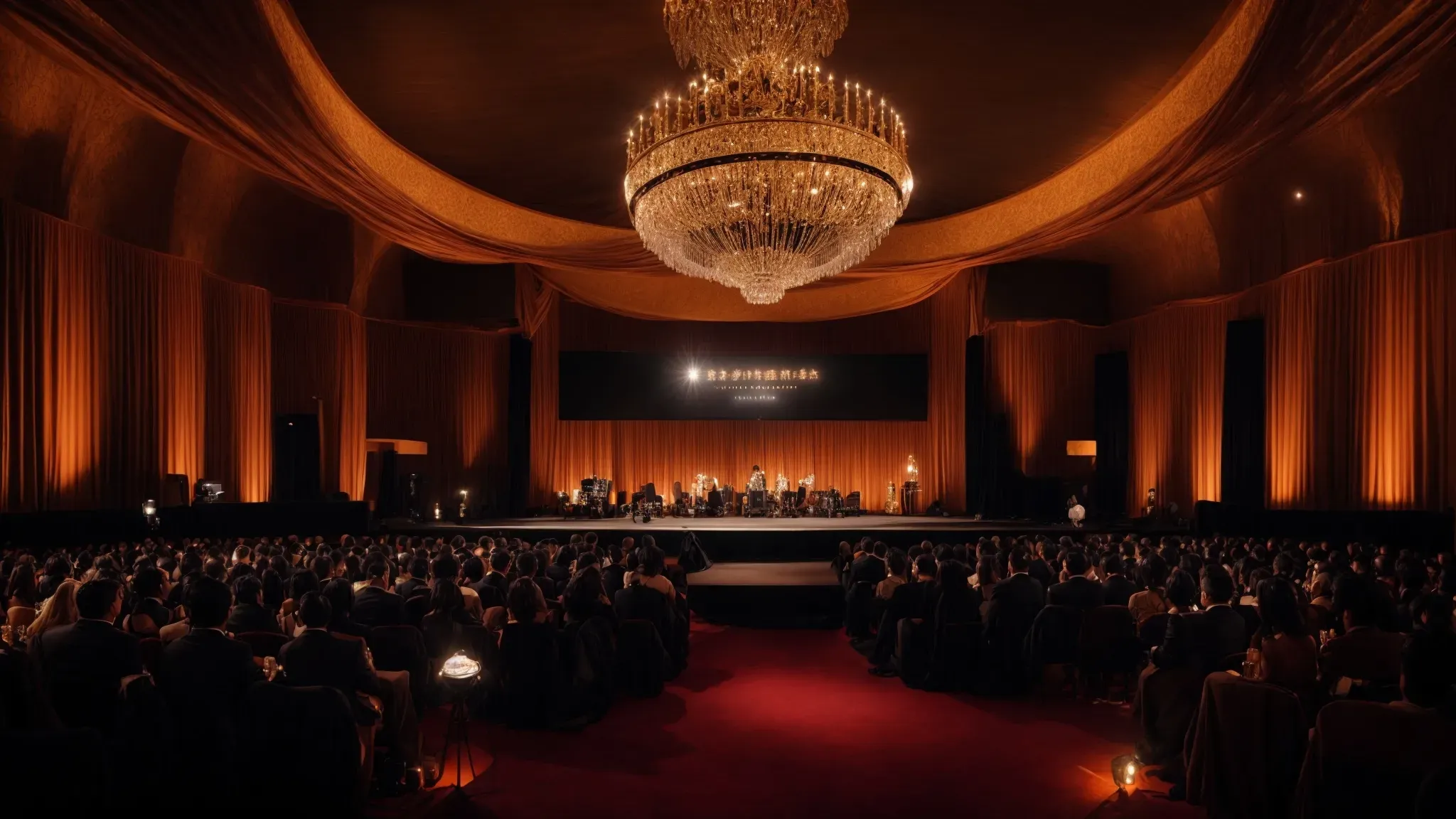 the image captures an elegant venue illuminated by sophisticated lighting, featuring a grand stage flanked by impressive audio-visual equipment, ready for an immersive event experience.