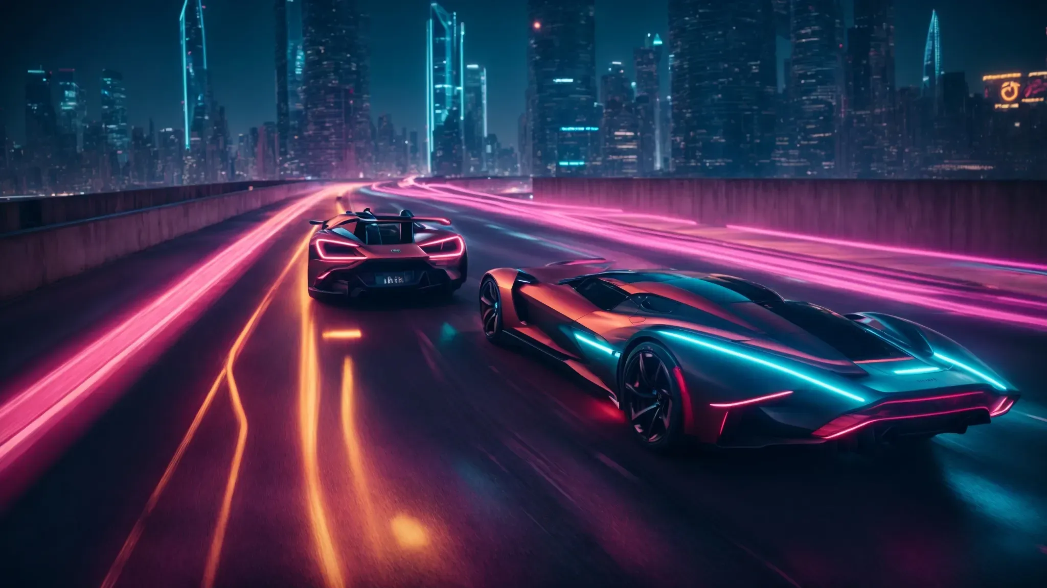 a futuristic cityscape with a dynamic car chase scene featuring cutting-edge vehicles and drones zipping through neon-lit skyscrapers.