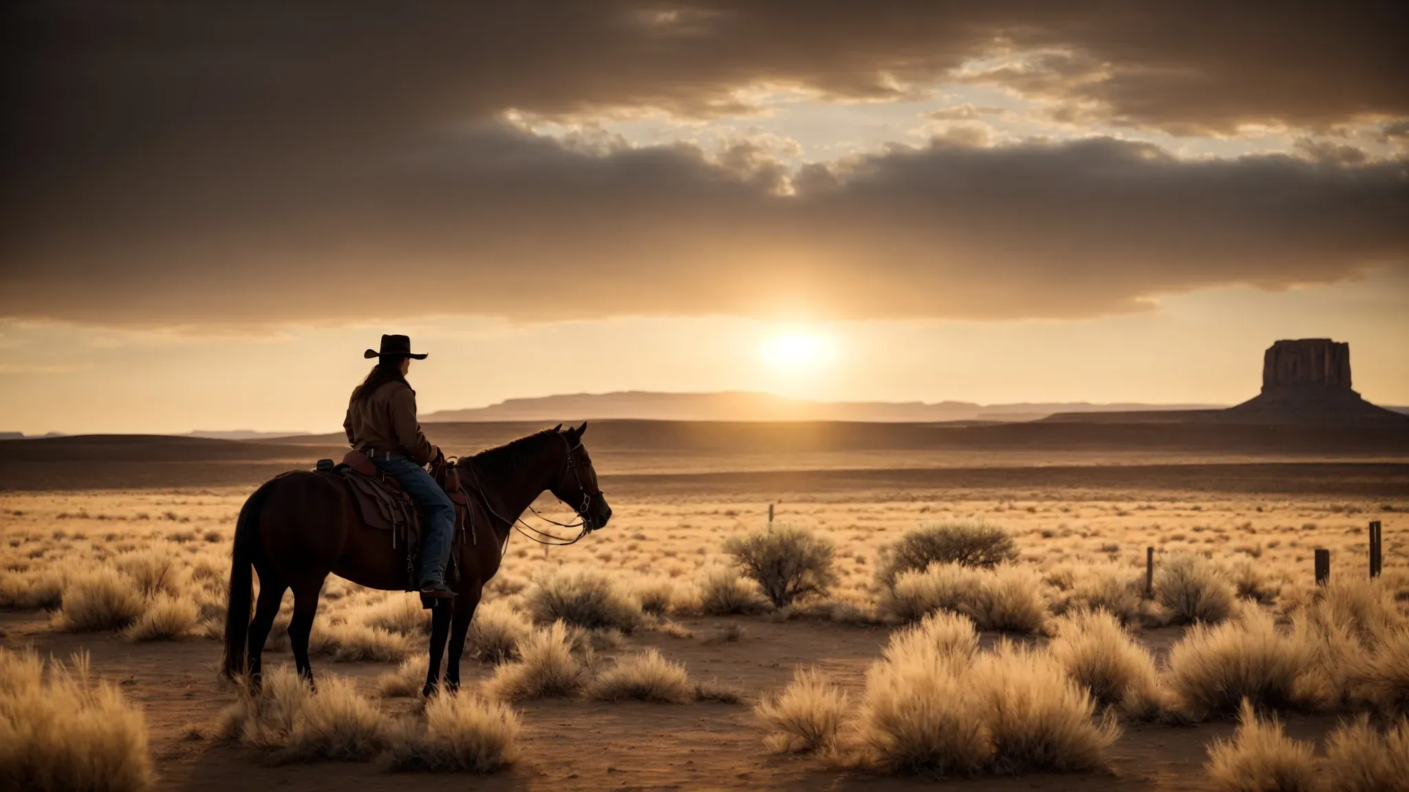 a lone cowboy stands in a vast desert, his silhouette framed against the setting sun, embodying the stark, haunting beauty of a spaghetti western landscape.
