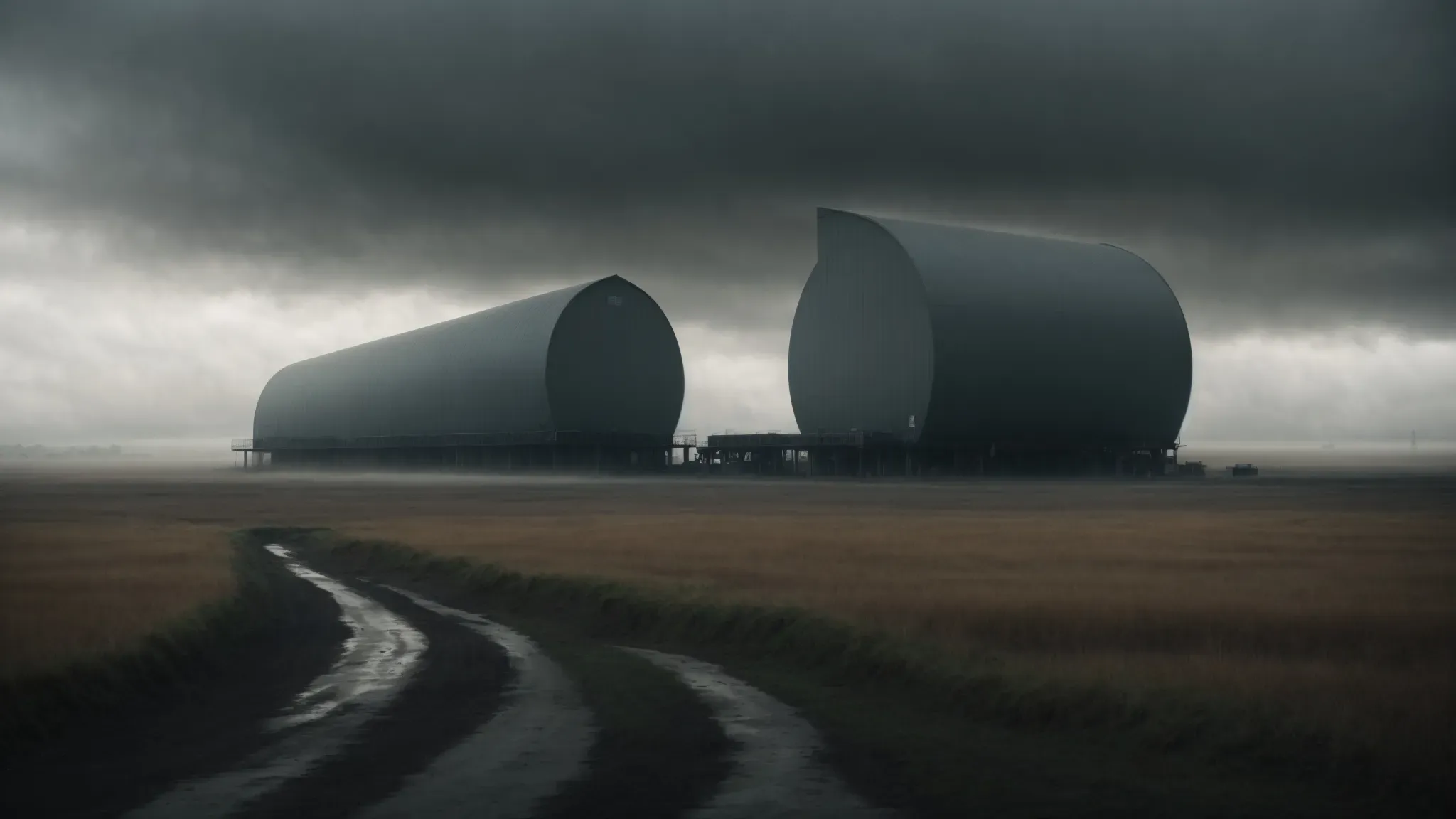 a vast, misty field with gigantic, otherworldly structures under a brooding sky, reflecting the movie's themes of communication and connection across unimaginable distances.