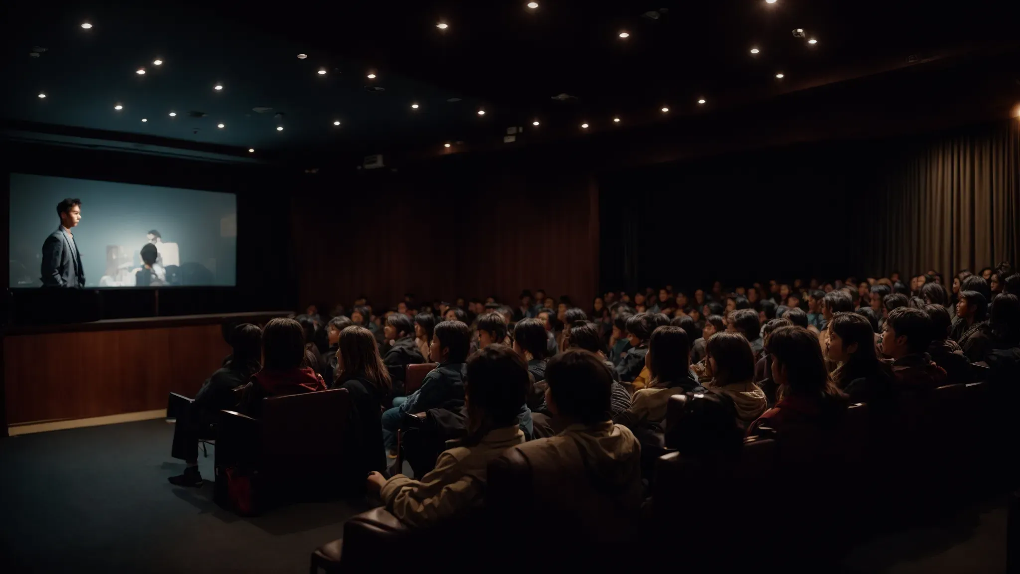 a small, attentive audience watches an indie film at an intimate, low-lit screening event.