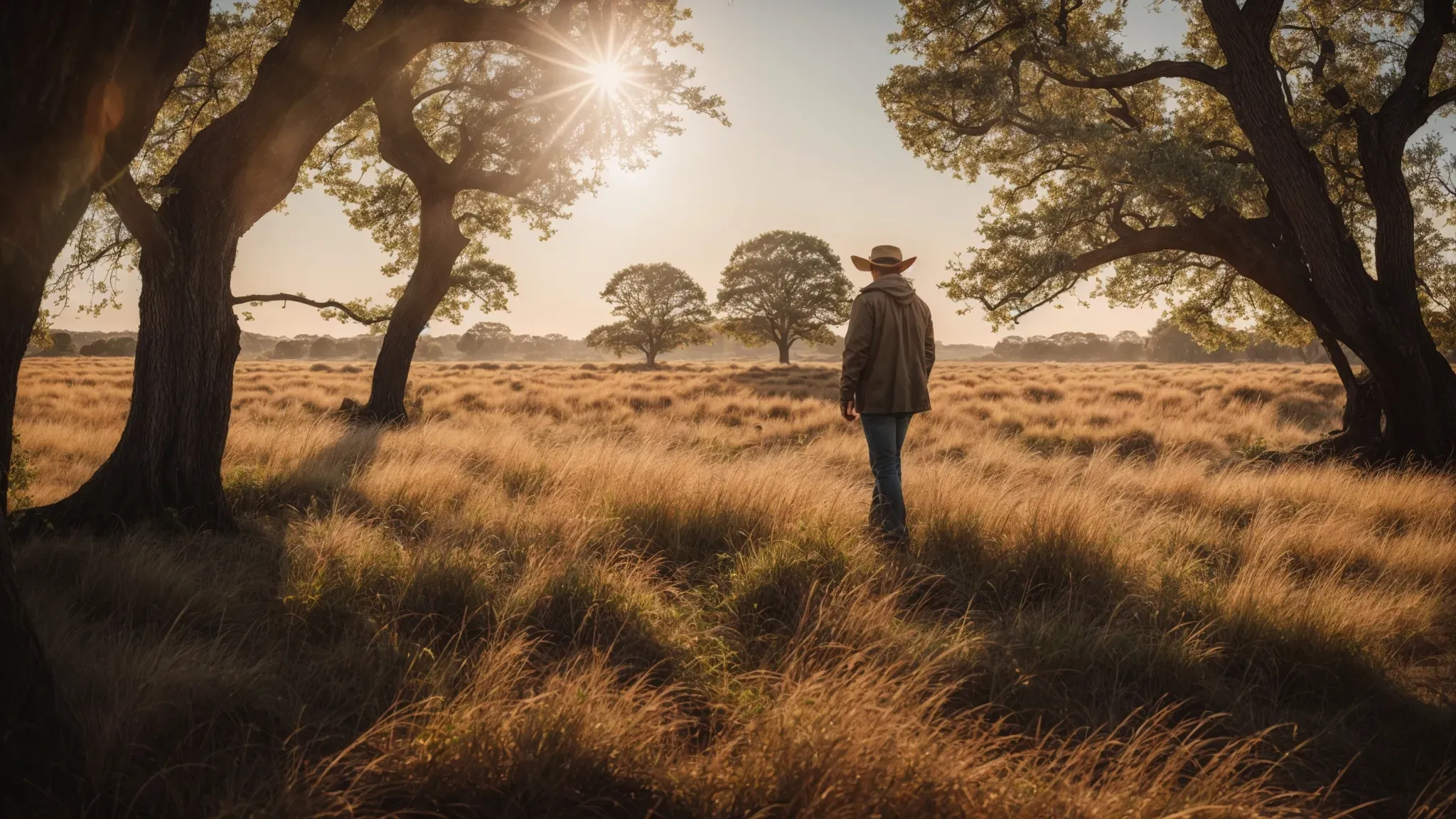 a photographer scrutinizes an expansive, sunlit field bordered by aged trees, imagining it as a future canvas for their visual narrative.