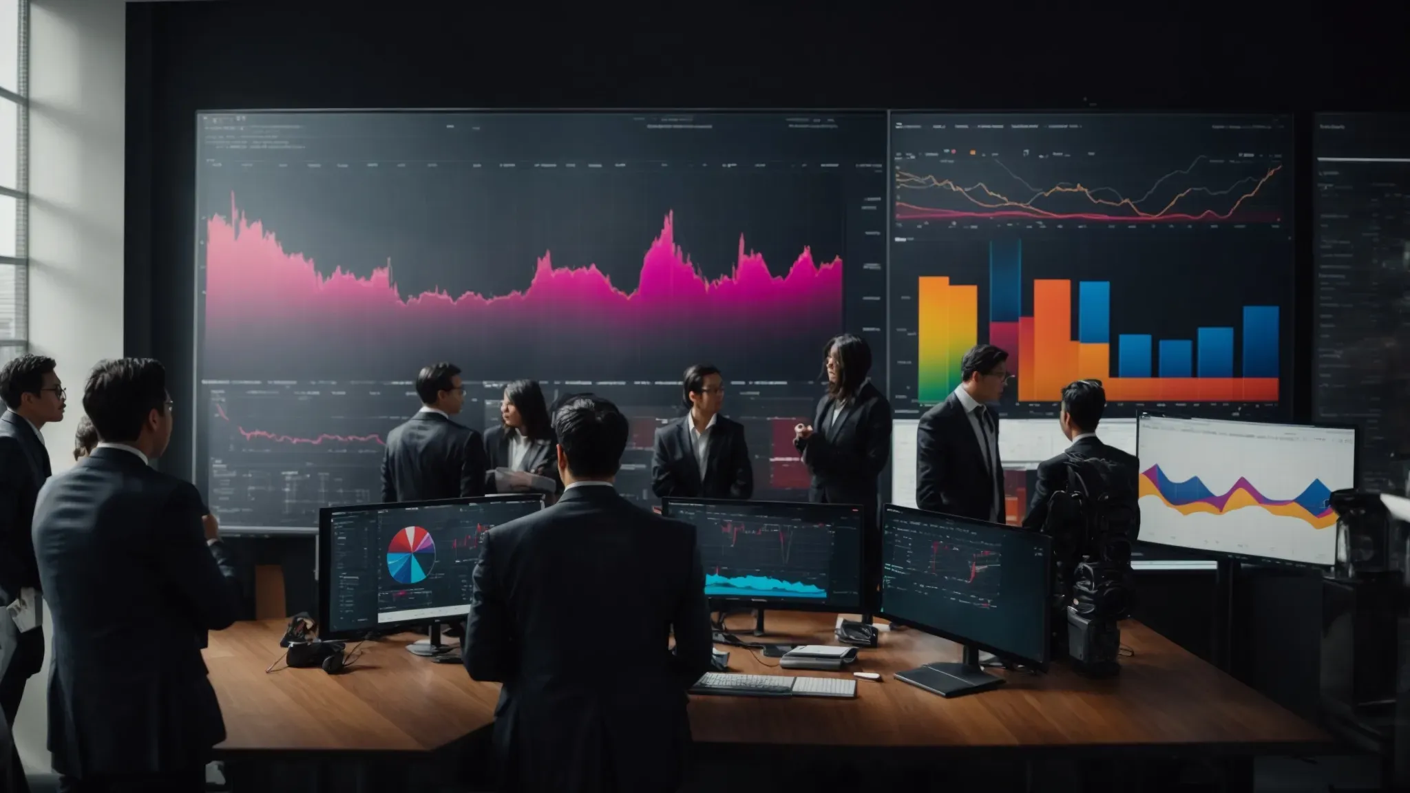 a team gathers around a large screen displaying colorful graphs and charts, strategizing their next financial move.