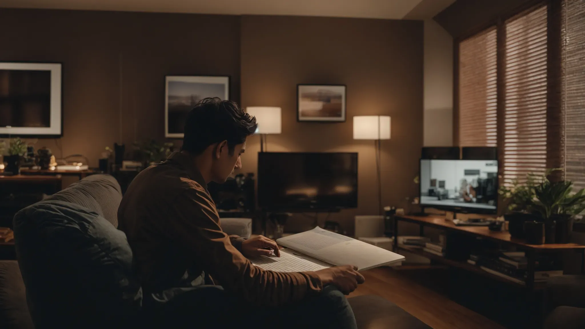 a filmmaker sits in a living room, intently reviewing documents on a laptop, with netflix on the tv screen in the background.