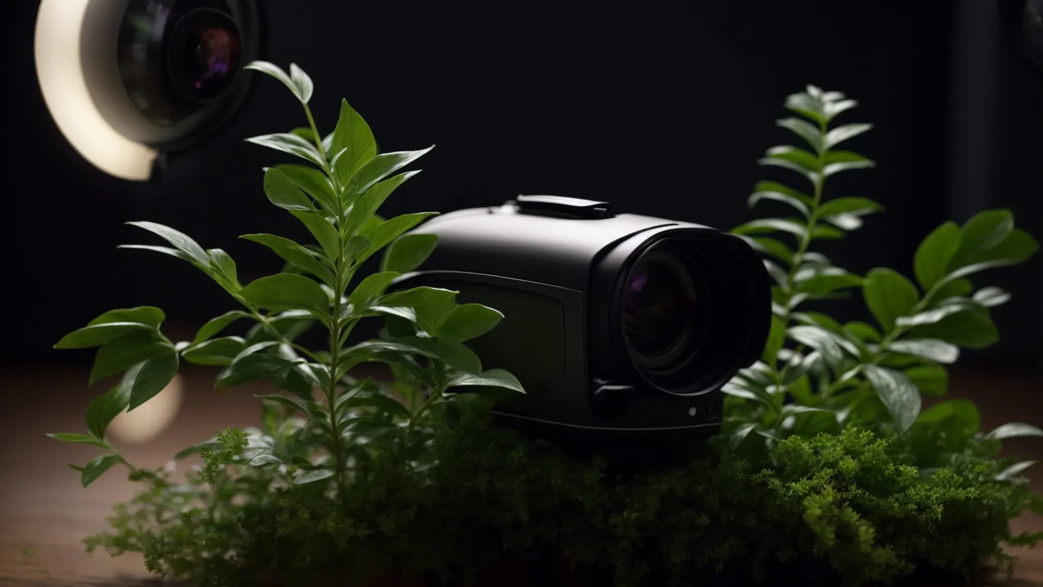 a camera mounted on a virtual reality headset lies next to a small, leafy plant under a spotlight, symbolizing the future fusion of technology, creativity, and sustainability in cinematography.