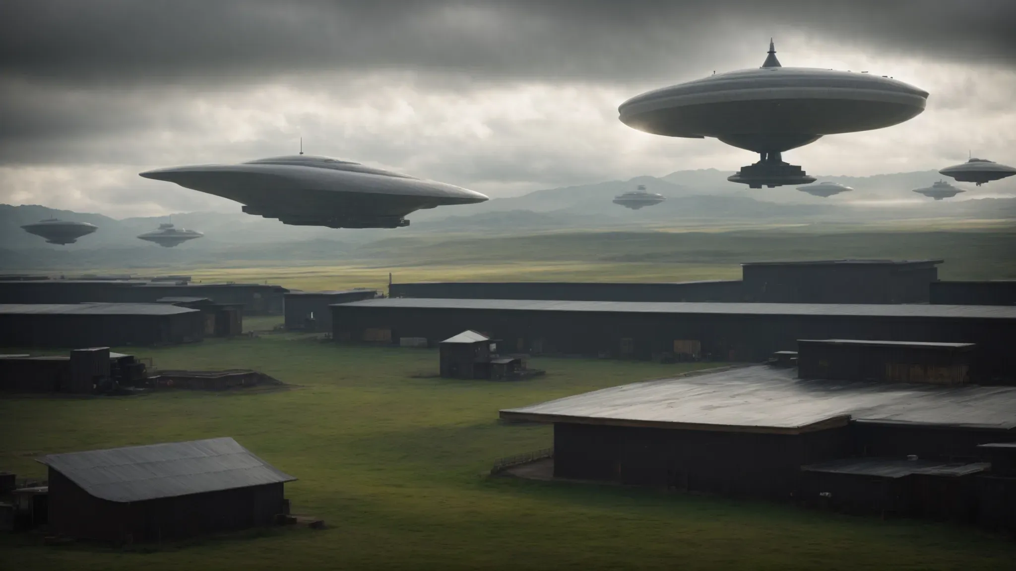 a vast, cloudy sky stretches above structures resembling alien ships, symbolizing an encounter that transcends traditional boundaries of time.