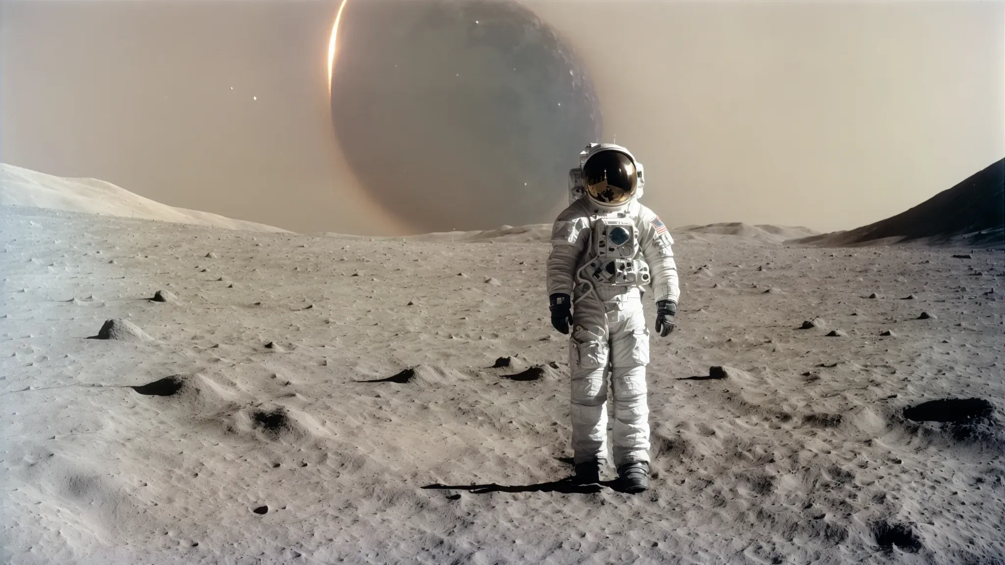 a solitary astronaut gazes at the barren, crater-pocked lunar surface, embodying the stark isolation of 