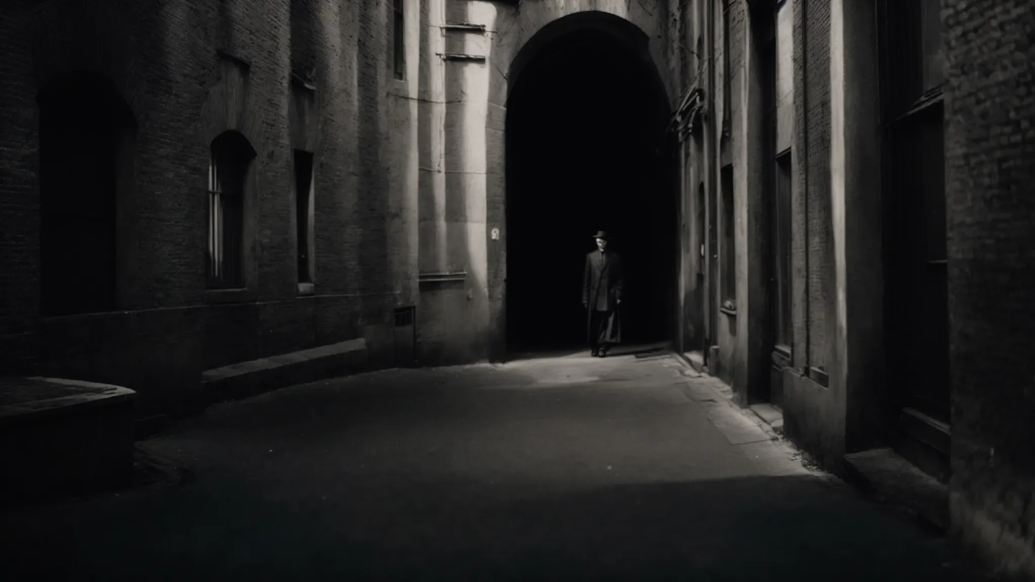 a shadowy figure looms in a distorted, angular cityscape, embodying the twisted reality of german expressionism.