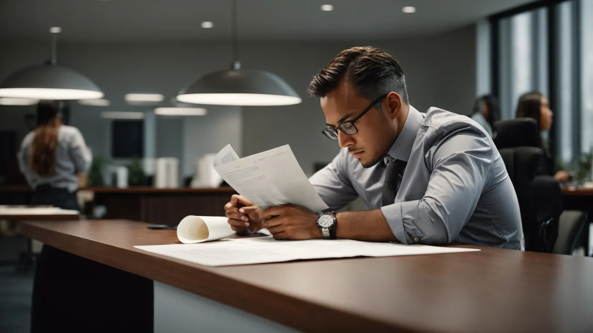 a focused individual intently reviews a document on a table in a well-lit, professional office setting.