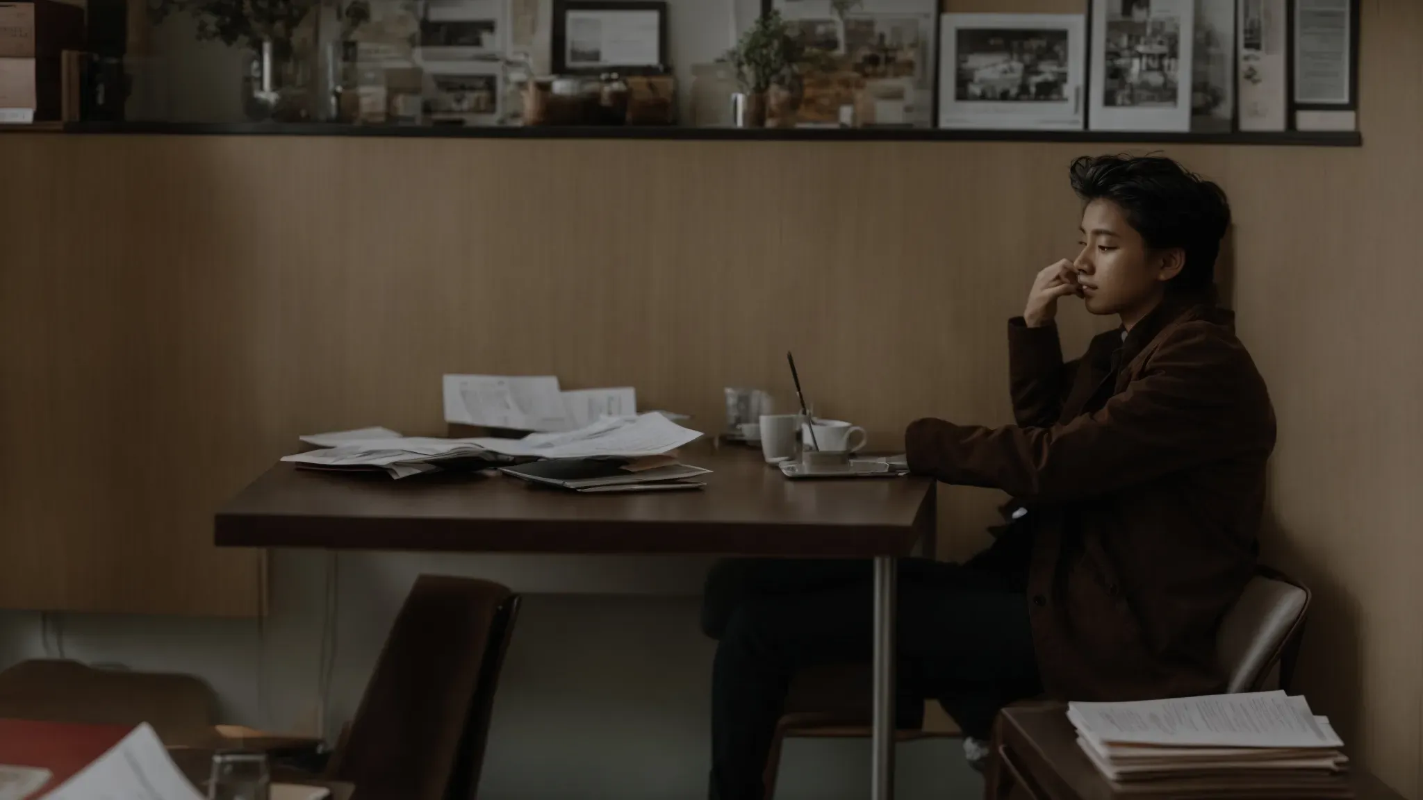 a person sitting at a table with a laptop, surrounded by paperwork and a clock on the wall.