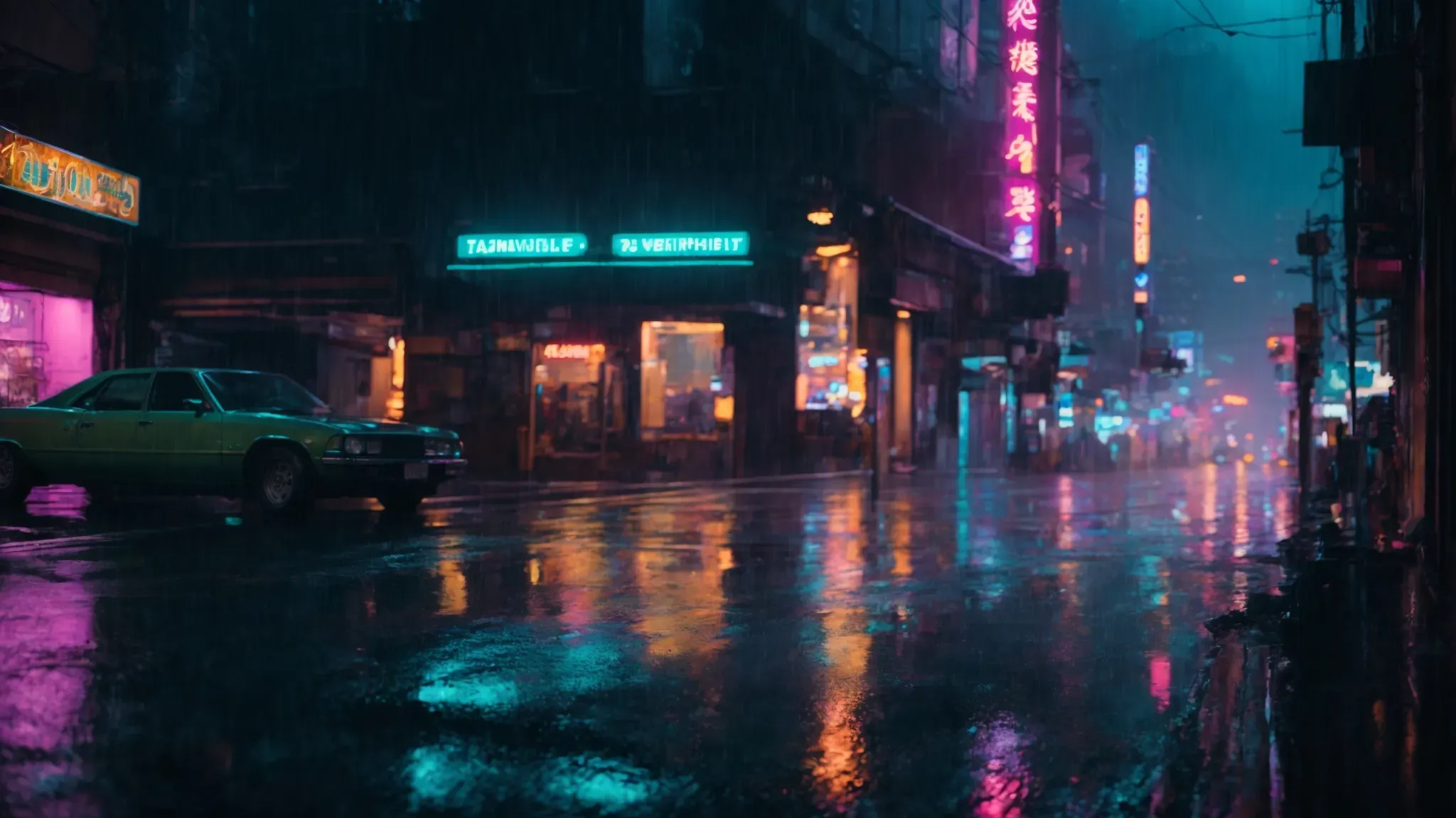neon lights bathe a rain-soaked alleyway, reflecting off the wet asphalt and amidst towering skyscrapers veiled in a perpetual twilight haze.