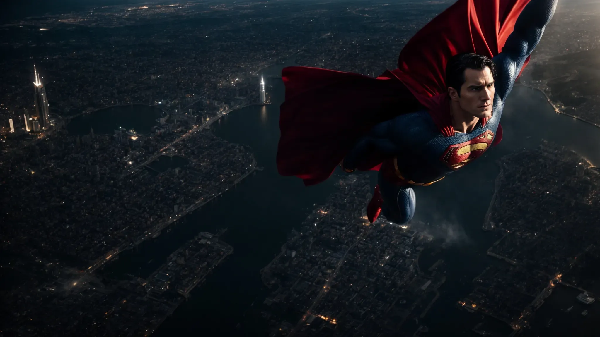 superman soars above a darkened cityscape, embodying the reimagined essence of heroism in snyder's dc universe.