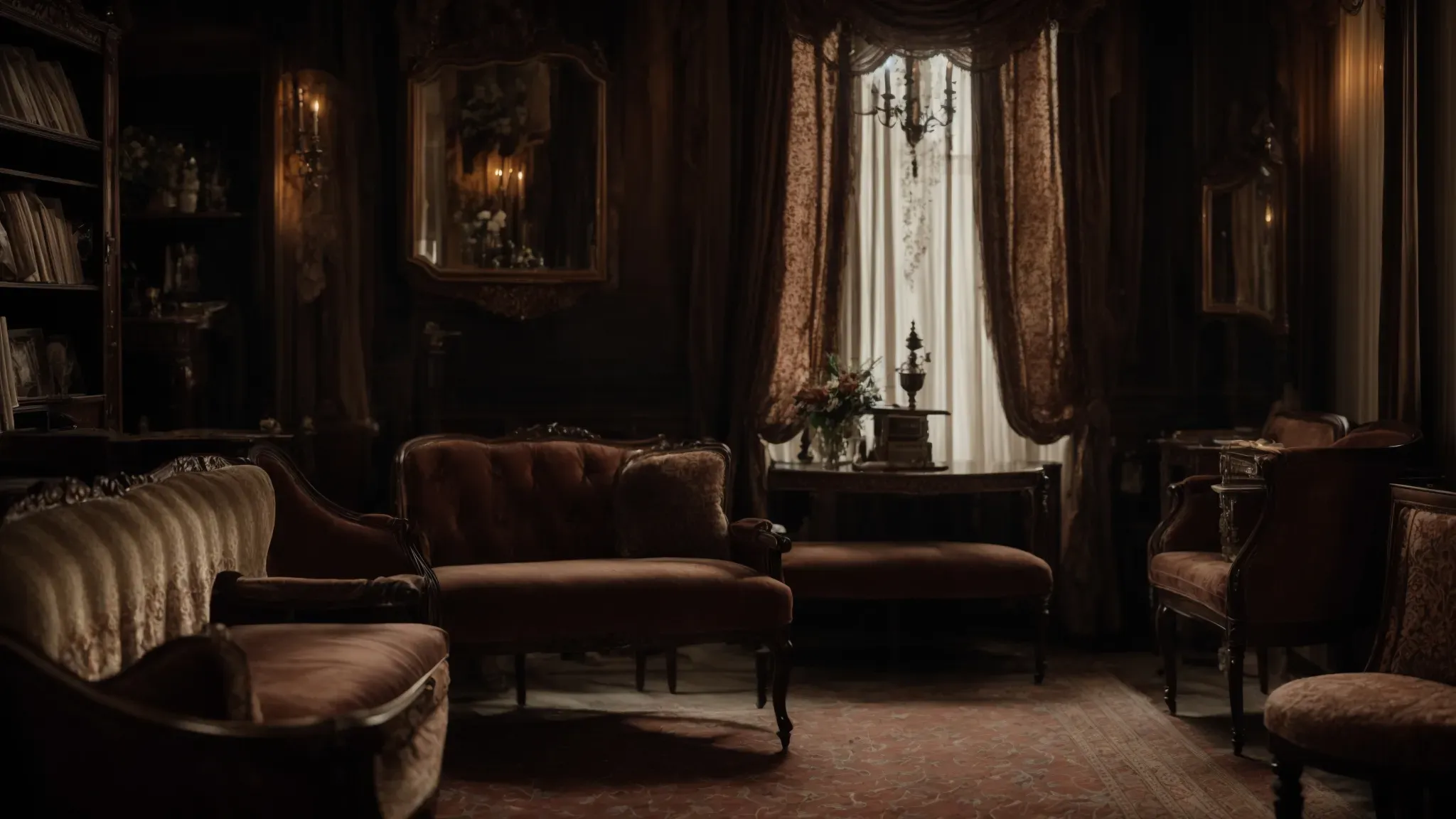 a dimly lit victorian parlor with heavy curtains and antique furniture evoking a sense of gothic horror.