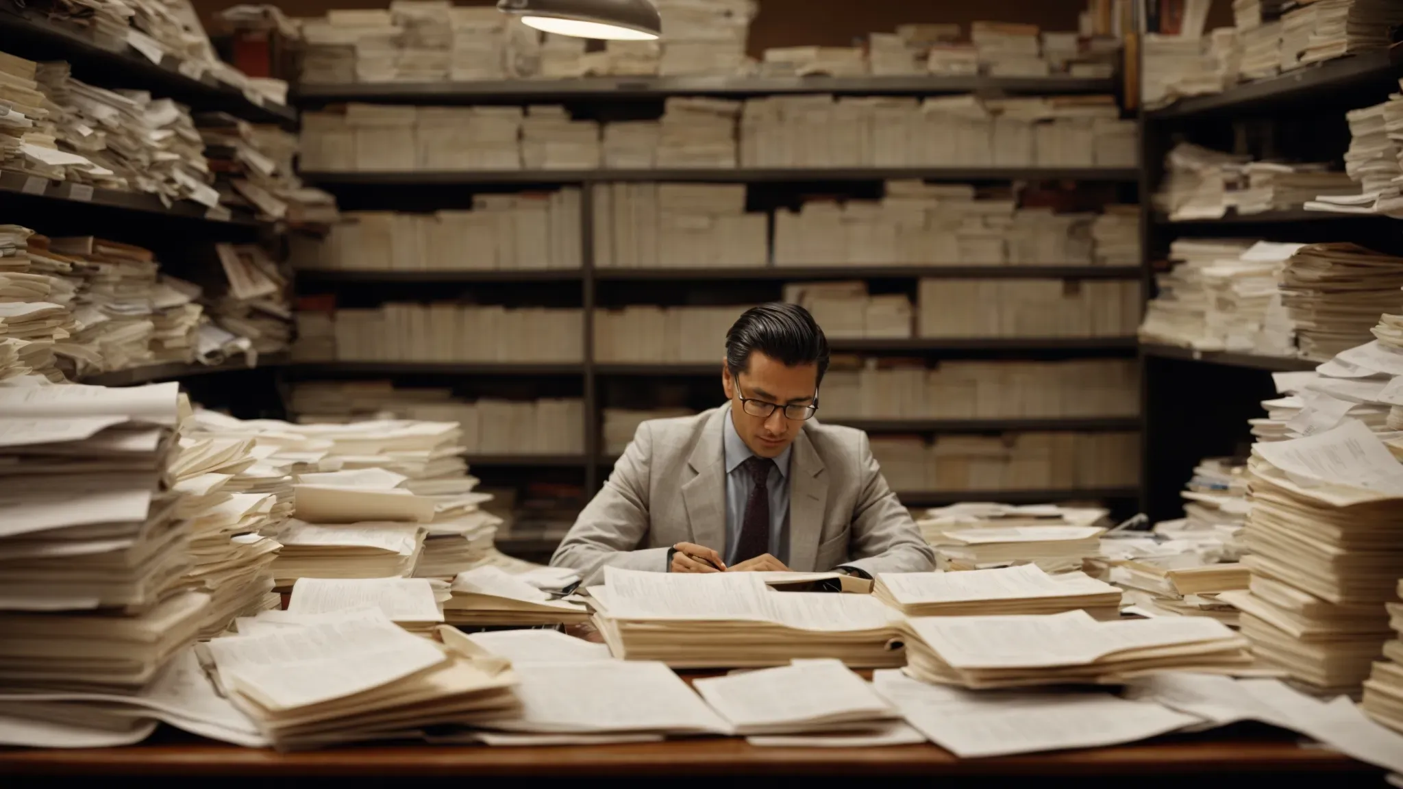 a solitary figure sits at a cluttered desk, surrounded by stacks of scripts, deeply engrossed in reading.