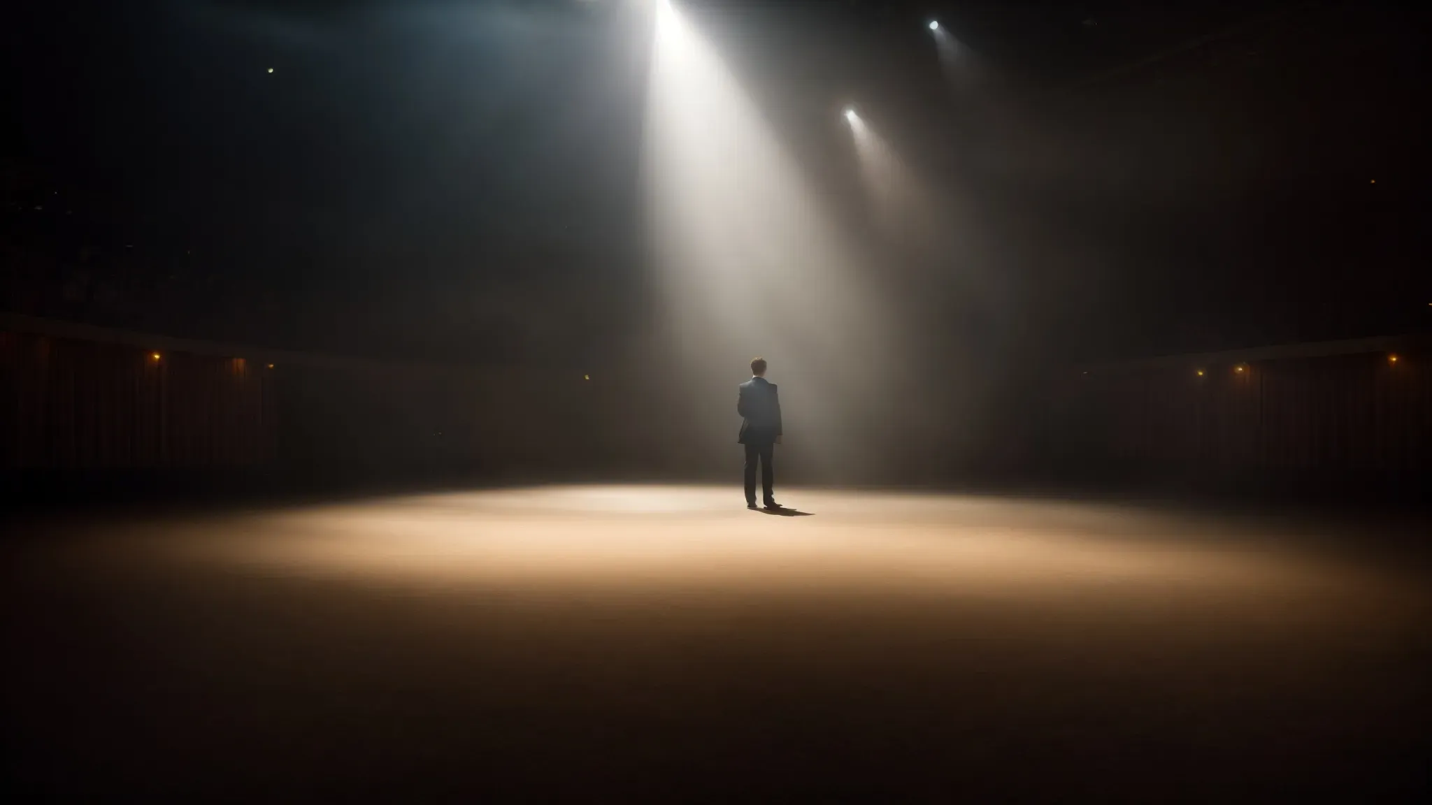a spotlight illuminates a stage where a single figure stands confidently, projecting an aura of transformation and depth.