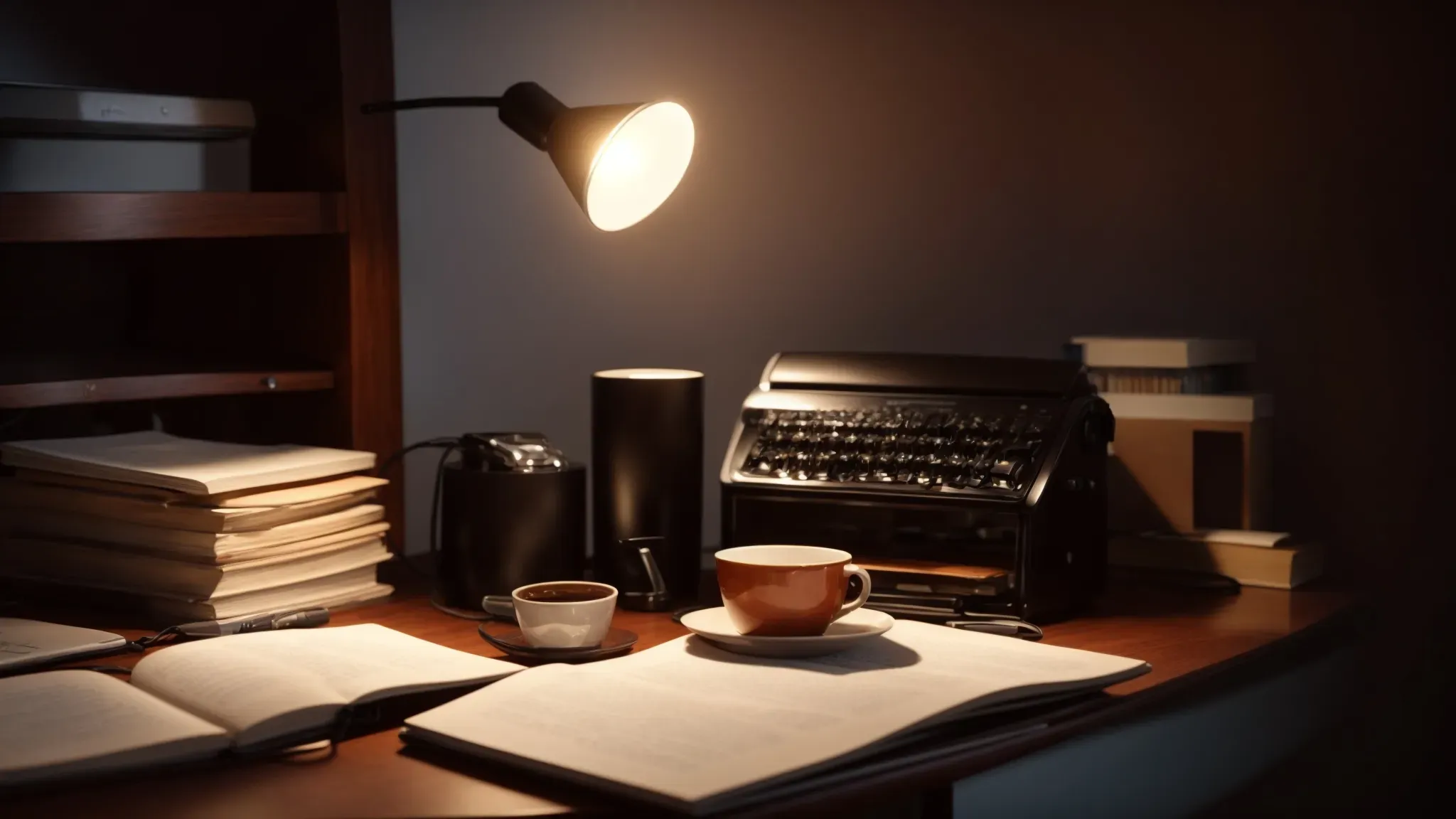 a clutter-free desk with an open screenplay, a coffee cup, and a notepad under a soft desk lamp.