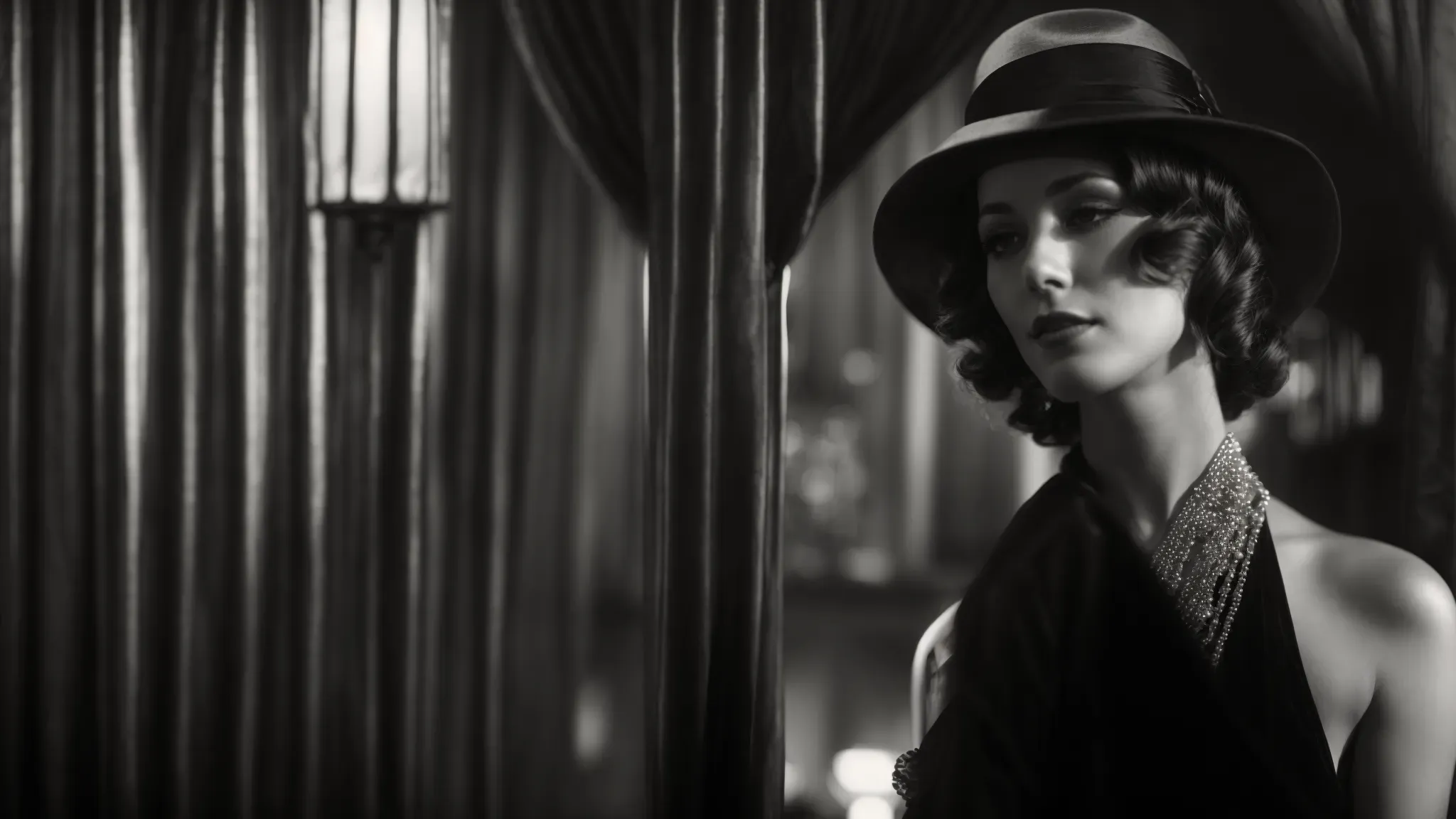 an elegant 1920s film star poses on set, evoking the glamour of early hollywood and the oscars.