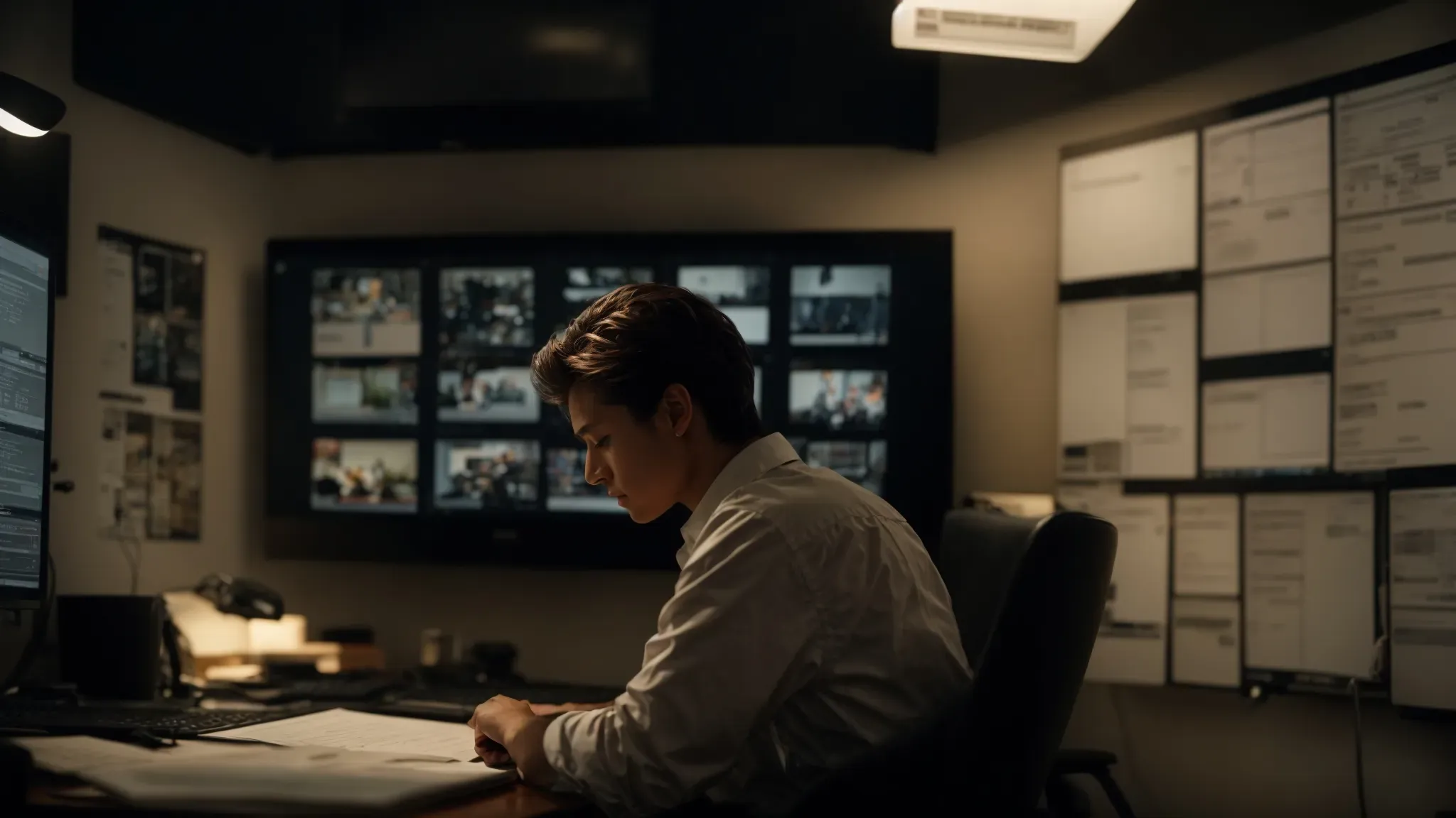 a filmmaker reviews footage on a monitor in a dimly lit editing suite, surrounded by storyboards and scripting notes.