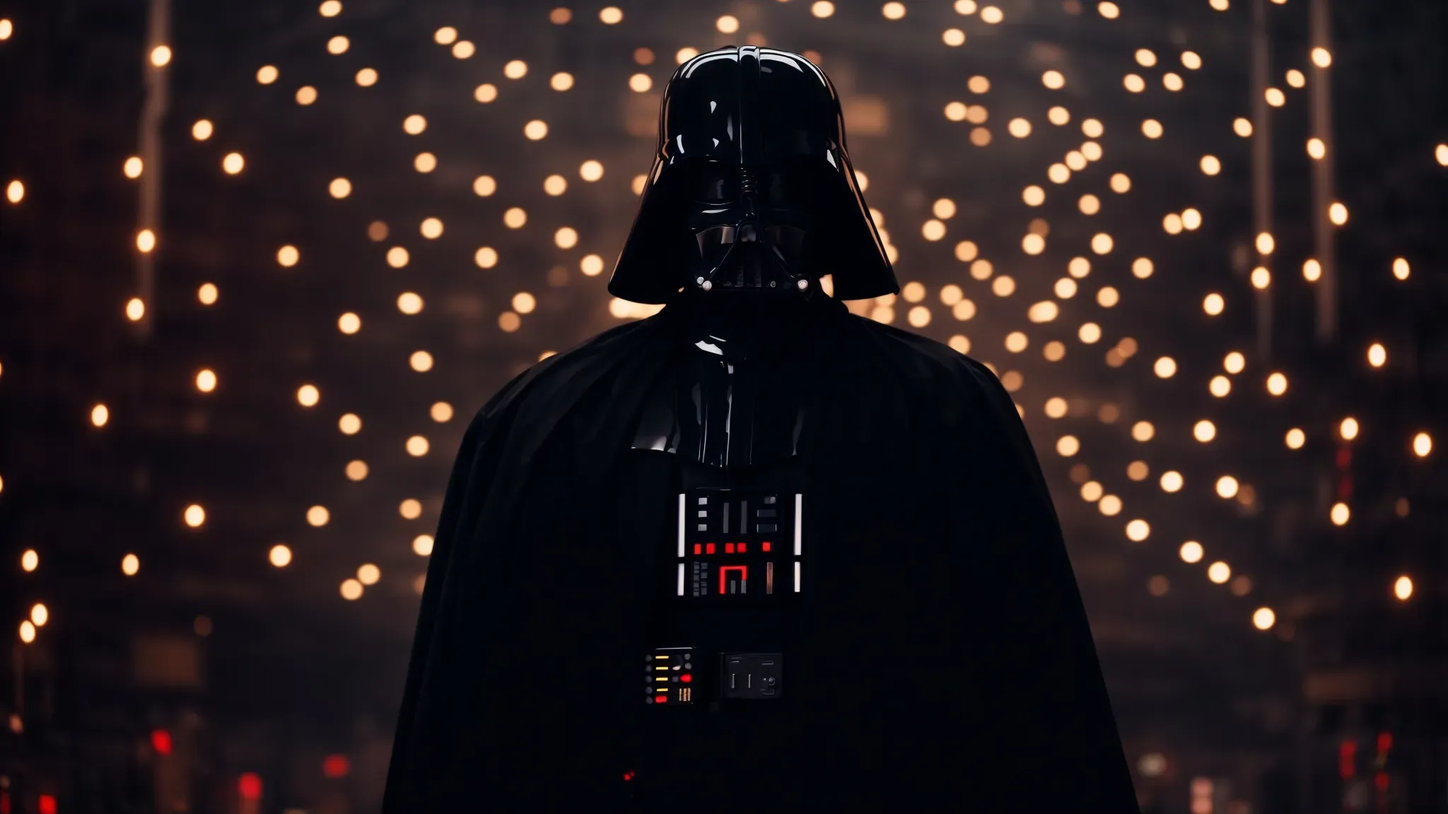 a silhouette of darth vader stands tall against a backdrop of flashing lights, dominating the scene with an unmistakable presence.