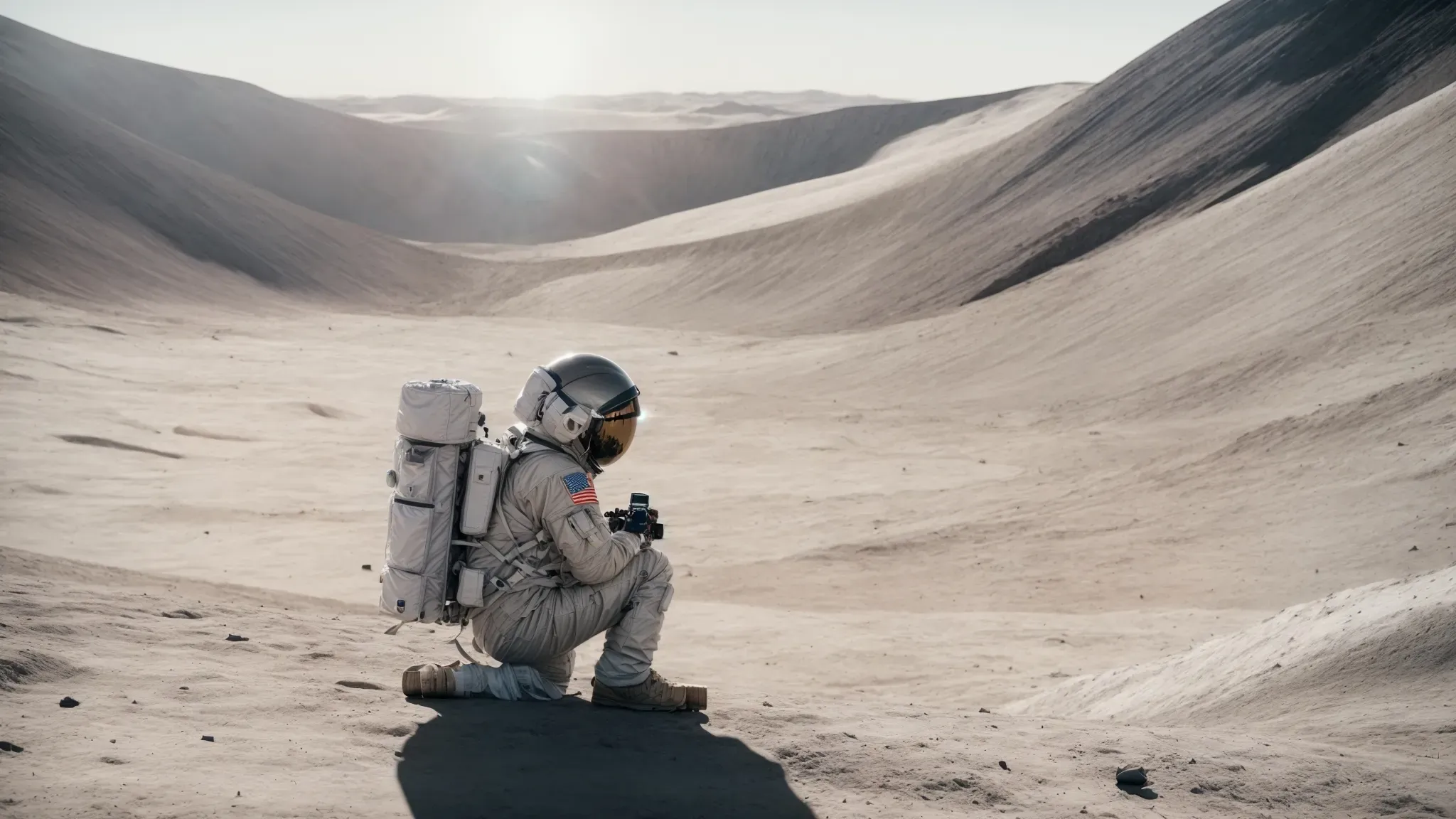 a solitary astronaut gazes upon the desolate lunar landscape, reflecting the film's themes of isolation and identity.
