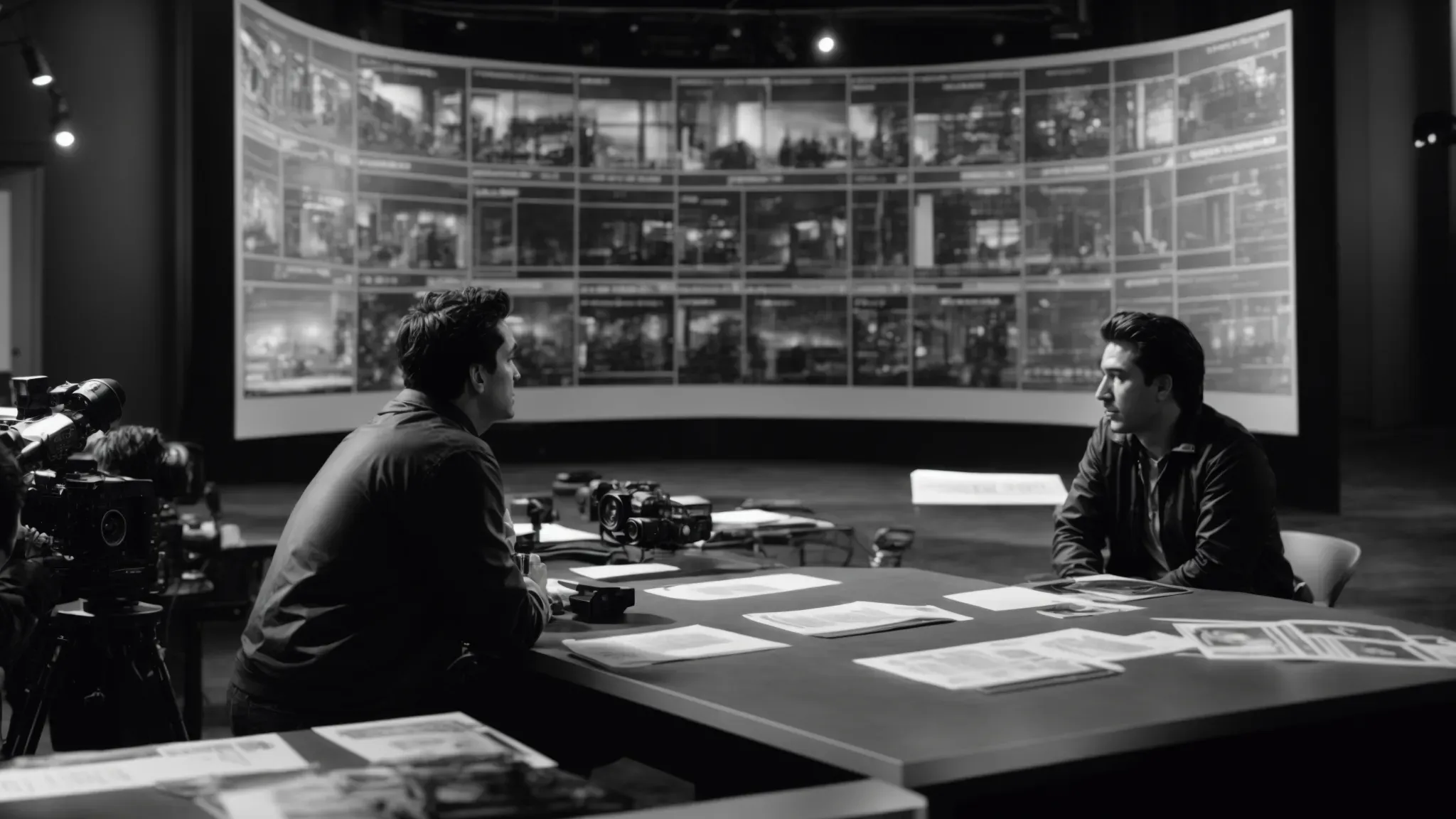 a director and a cameraman discuss in front of a storyboard, with a film set visible in the background.