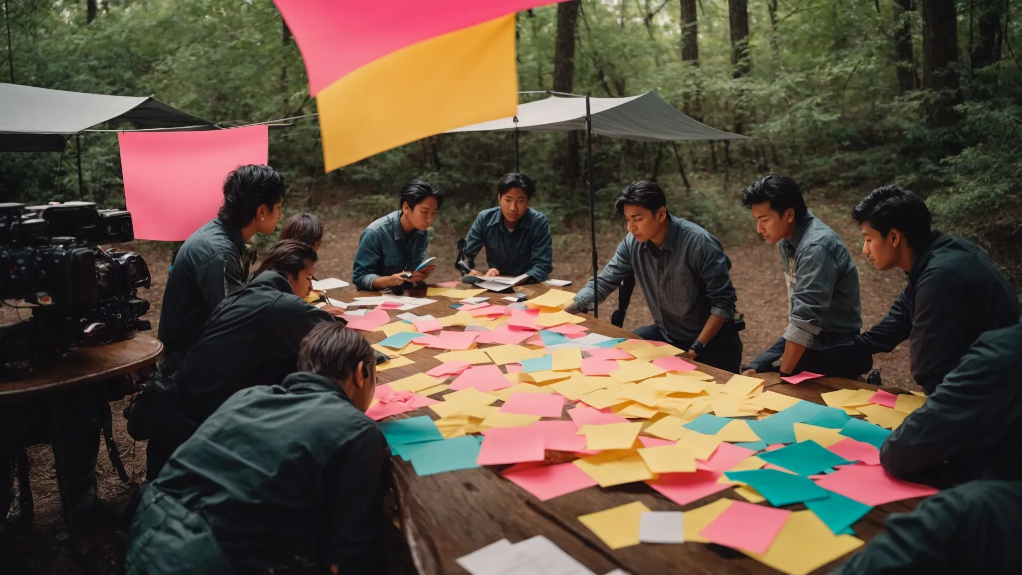 a team convenes around a cluttered table, mapping out a storyboard under a canopy of vibrant sticky notes.