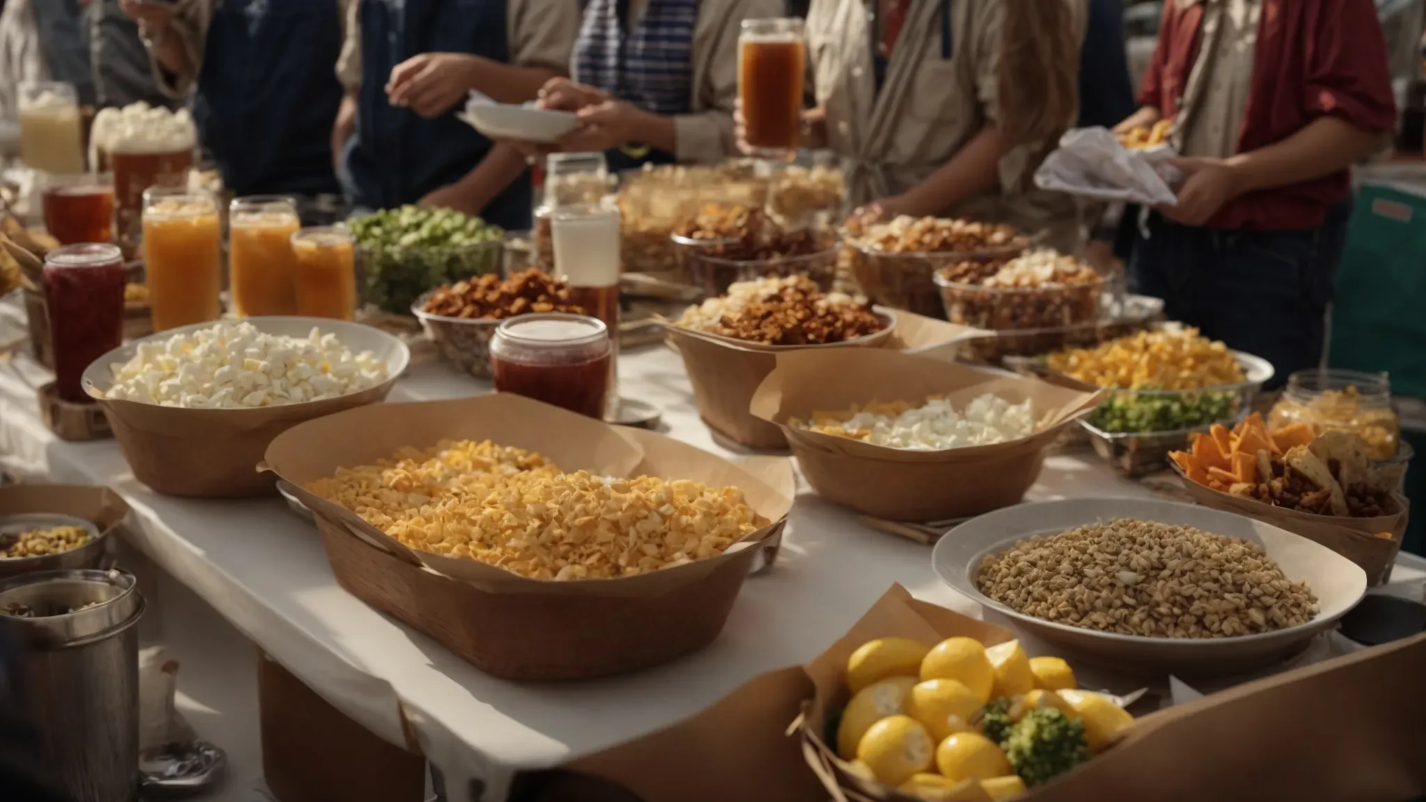 a bustling craft services table laden with a variety of snacks and beverages, surrounded by crew members sharing a laugh during a break on a movie set.