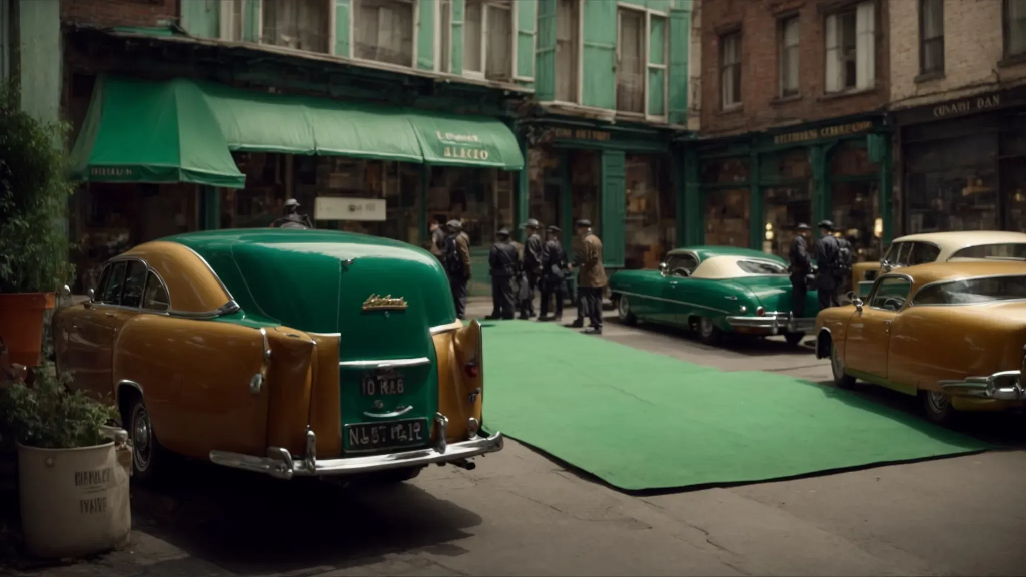 a film set that transitions from a detailed, vintage street scene on one side to a green screen setup on the other, capturing the blend of practical effects and digital technology in cinema.