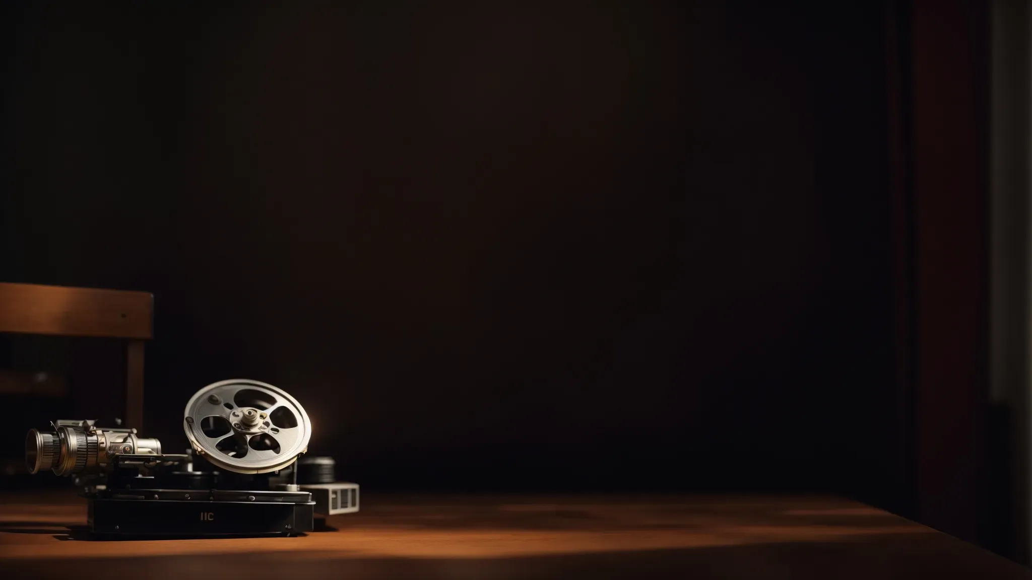 a film reel and projector cast in soft light on a vintage table, symbolizing the historical balance between cinematic artistry and economic constraints.