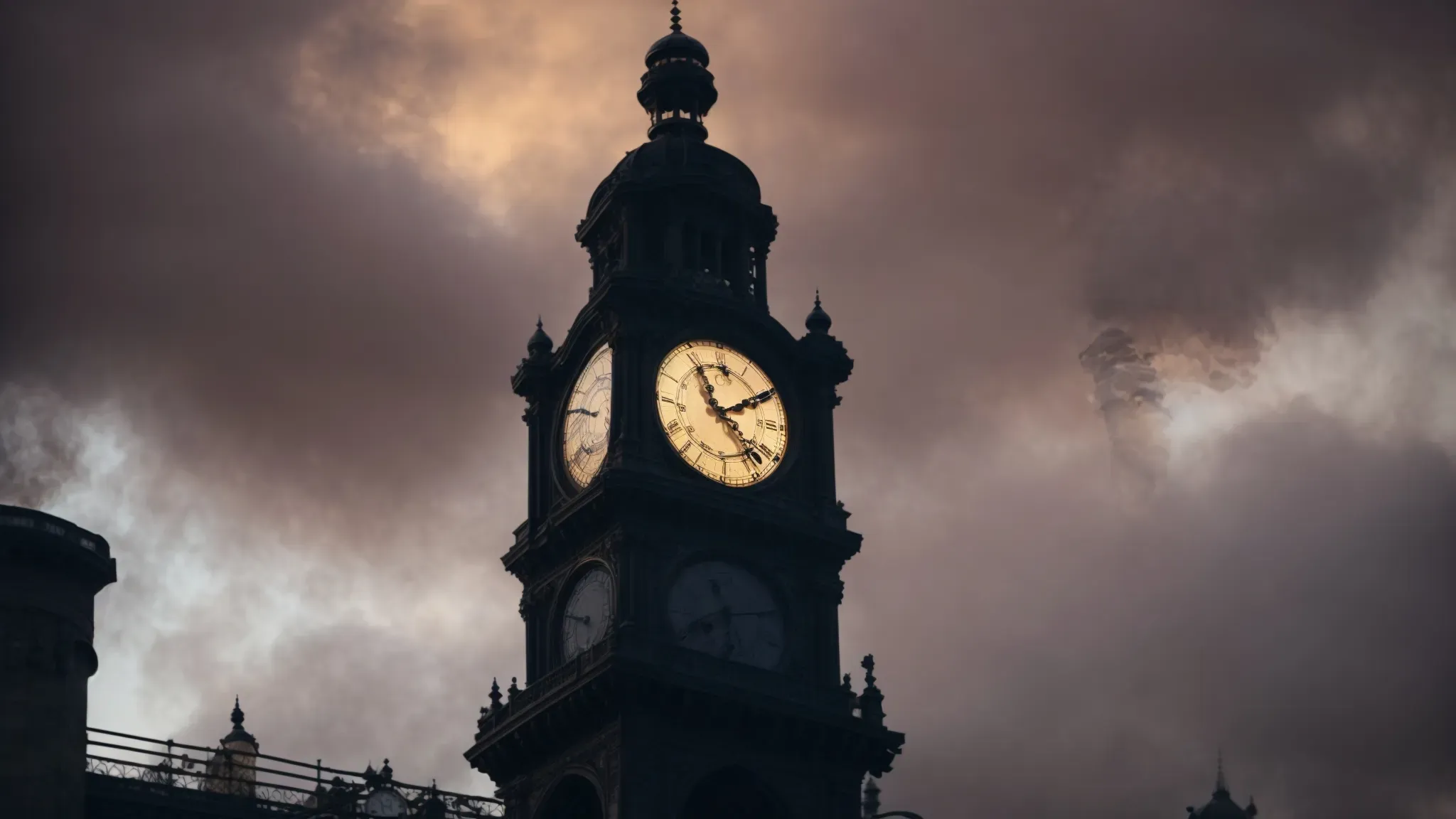 a grand clock tower, powered by intricate gears and emitting steam, stands tall amidst victorian-style buildings under a hazy, twilight sky.