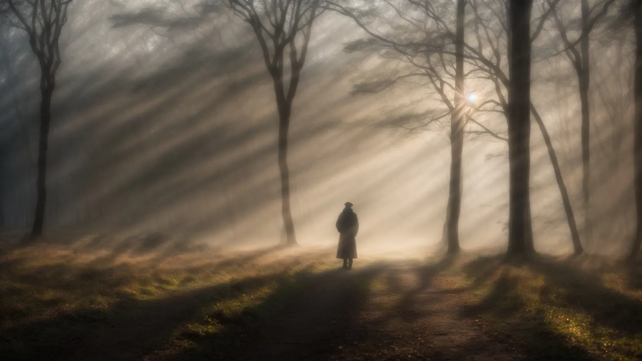 a lone figure stands at the edge of a misty forest, the rising sun casting long shadows that blend the border between reality and tale.