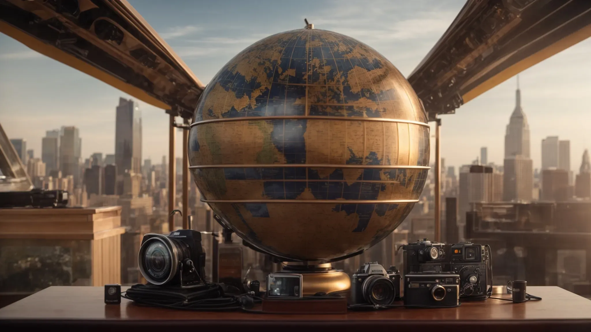 a globe surrounded by diverse cinematic equipment, with iconic city landmarks in the background, symbolizing the global reach and varied approaches of international film schools.