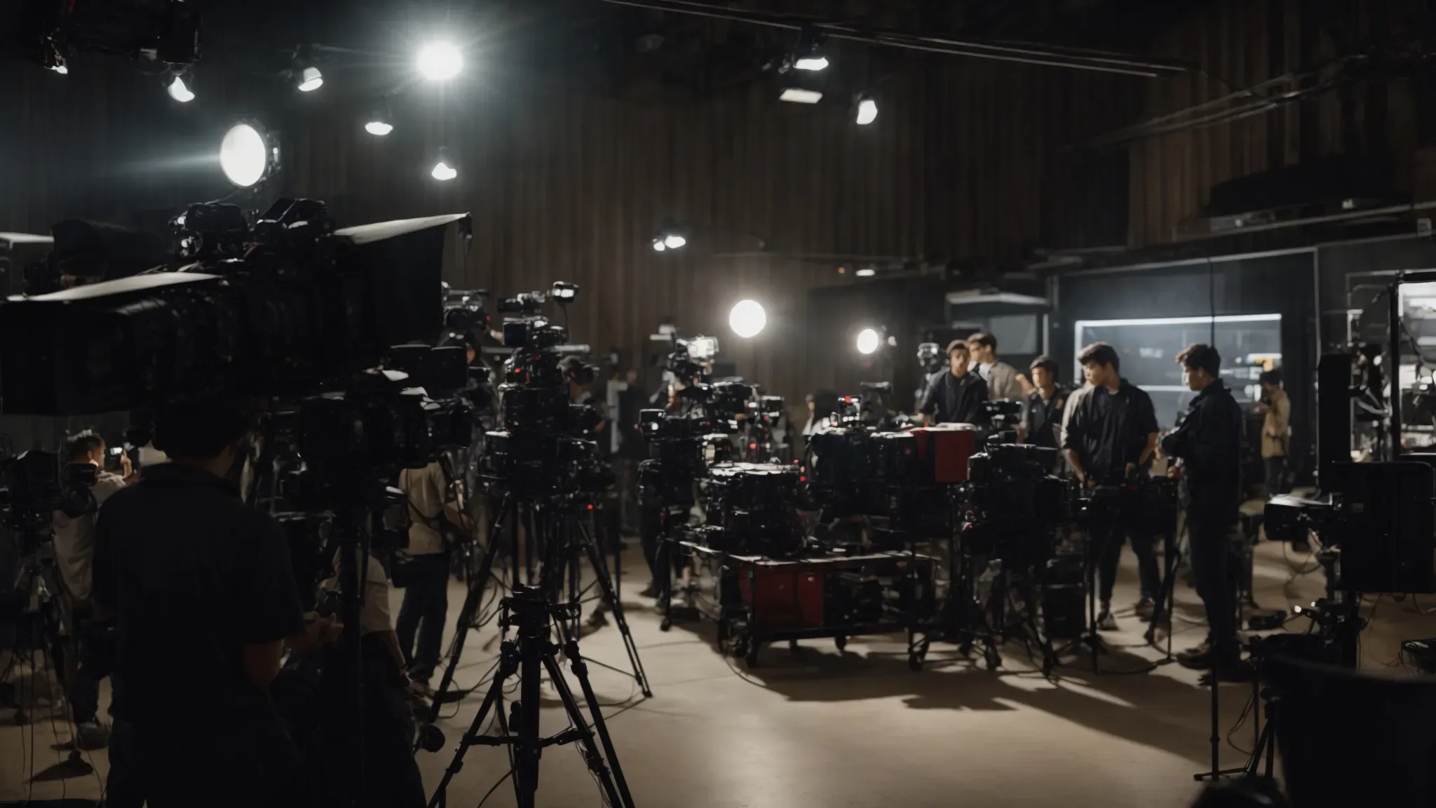 a bustling film production set with crew members working around camera and lighting equipment, symbolizing the world of storytelling and filmmaking.