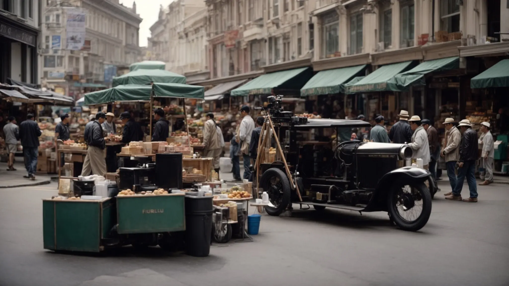 a film crew sets up equipment in a bustling market street, surrounded by local vendors and curious onlookers.