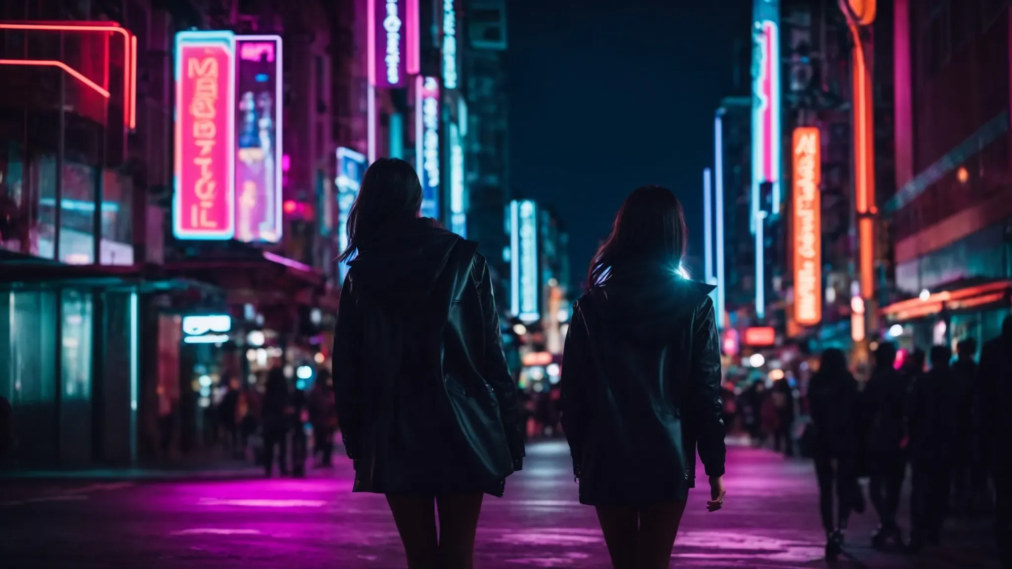 a mysterious woman in a sleek, modern attire walks confidently through a bustling city at night, her silhouette illuminated by neon lights.
