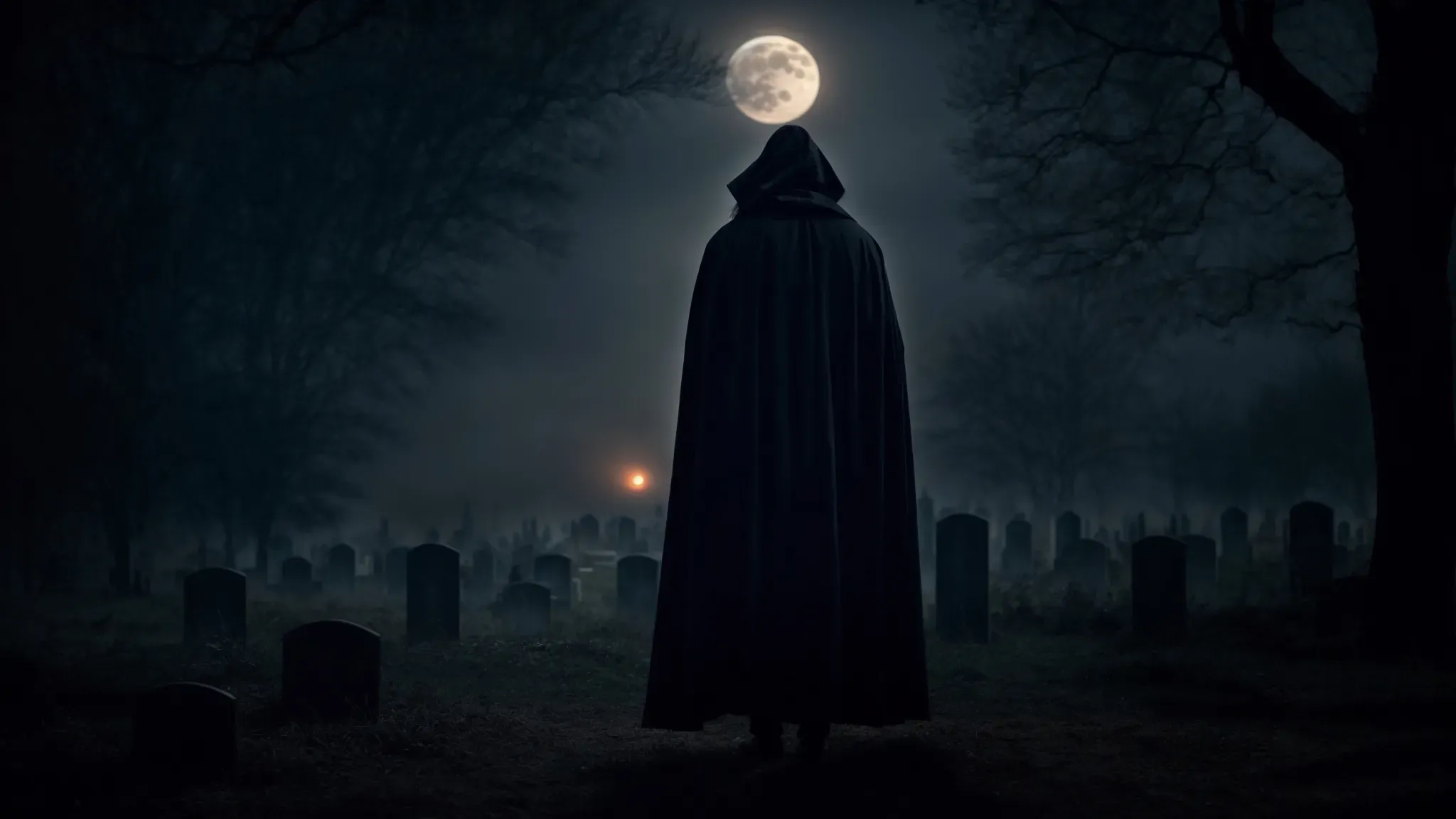 a vampire dramatically emerges from the shadows, with a misty graveyard in the background under a full moon night.