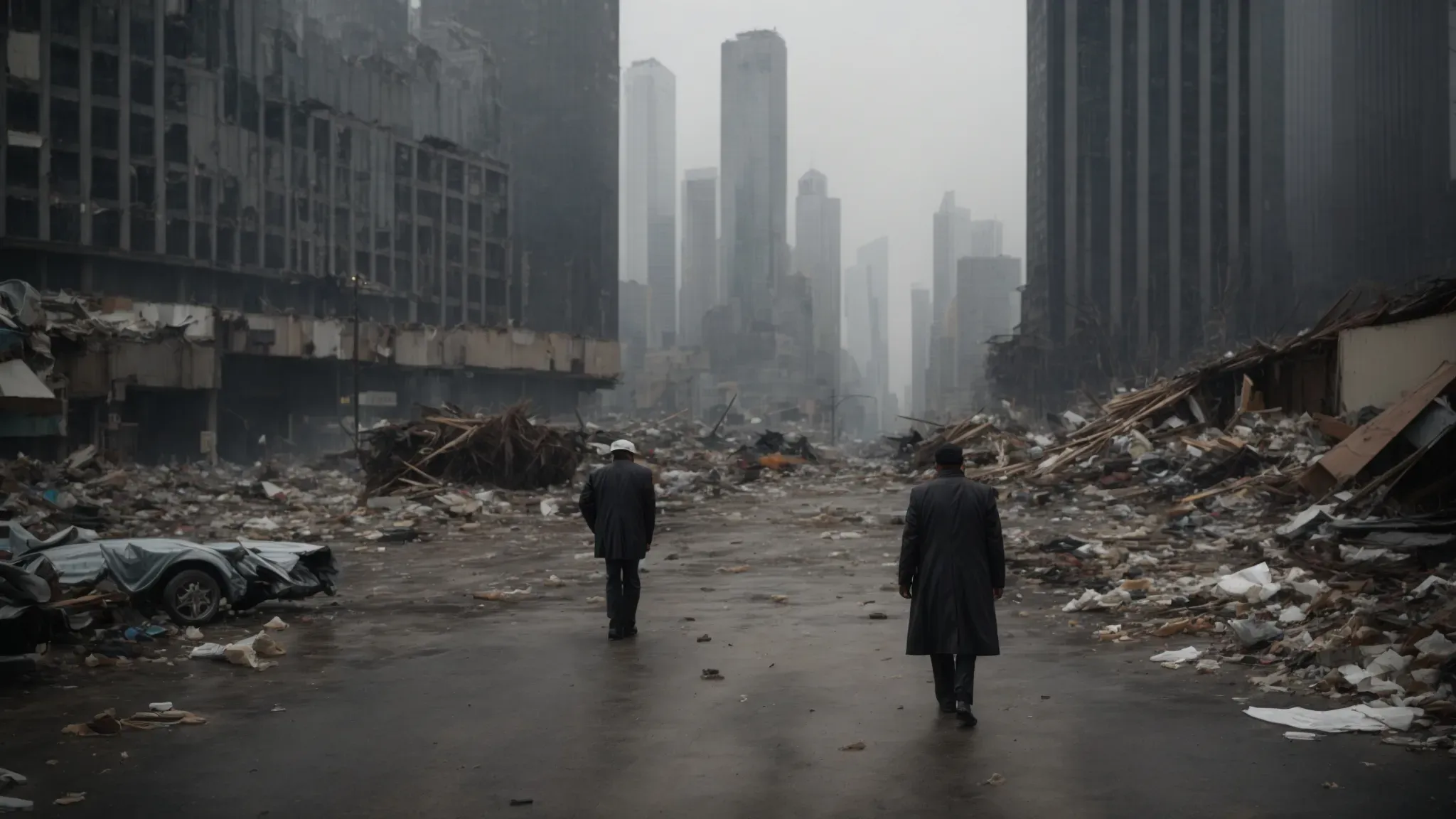 a desolate cityscape under a heavy, gray sky, with towering, dilapidated skyscrapers overshadowing the sparse, forlorn figures navigating the debris-littered streets.