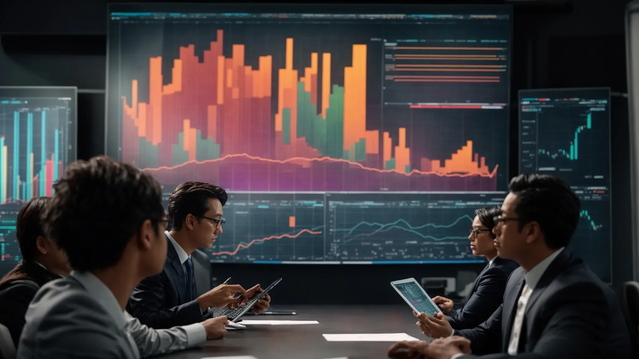 a group of professionals gathered around a large screen displaying colorful charts and graphs, engaging in a strategic financial discussion.