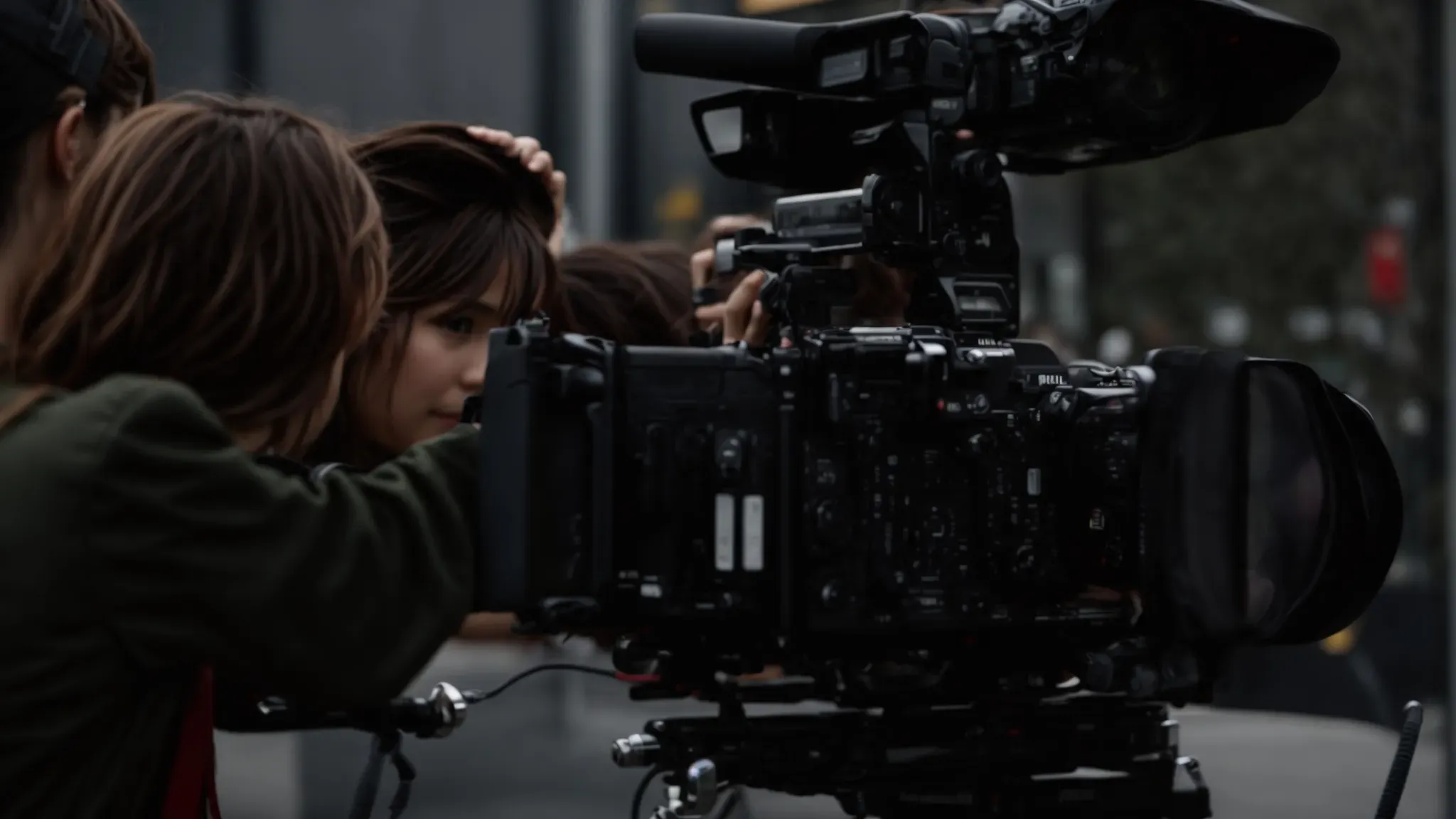 a person enthusiastically operating a camera on a busy film set, capturing a scene.