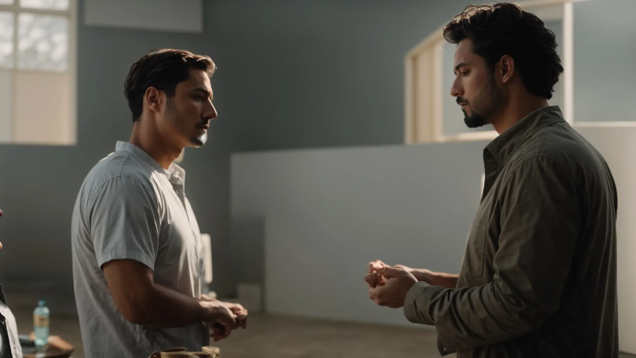a director and actor discussing a scene on a minimalist film set bathed in natural lighting.