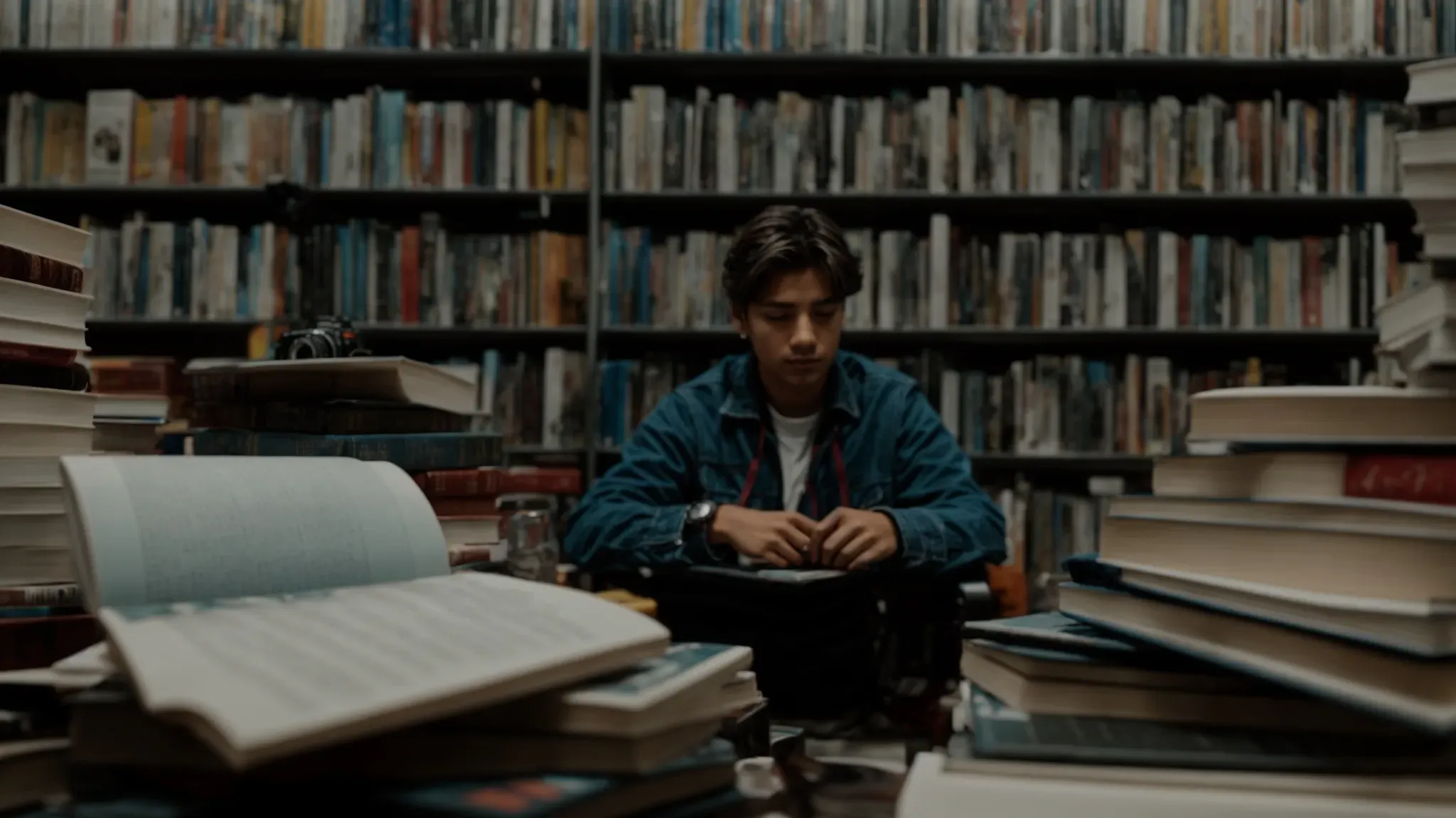 a student sits surrounded by film books, a camera, and a globe, deep in thought and planning.