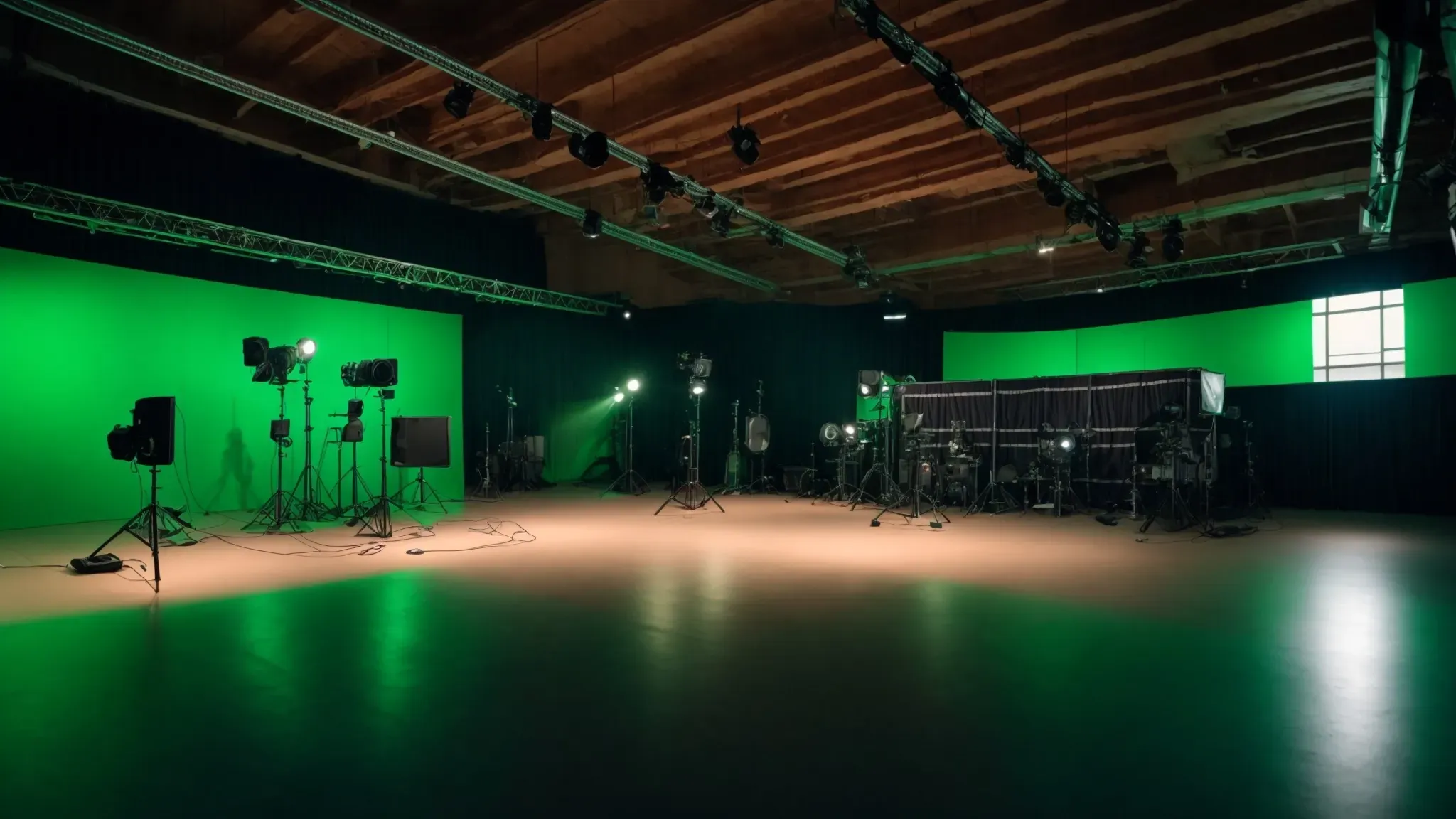 a spacious studio filled with green screen walls and led panels, equipped with cameras and lighting rigs aimed at an empty center stage.