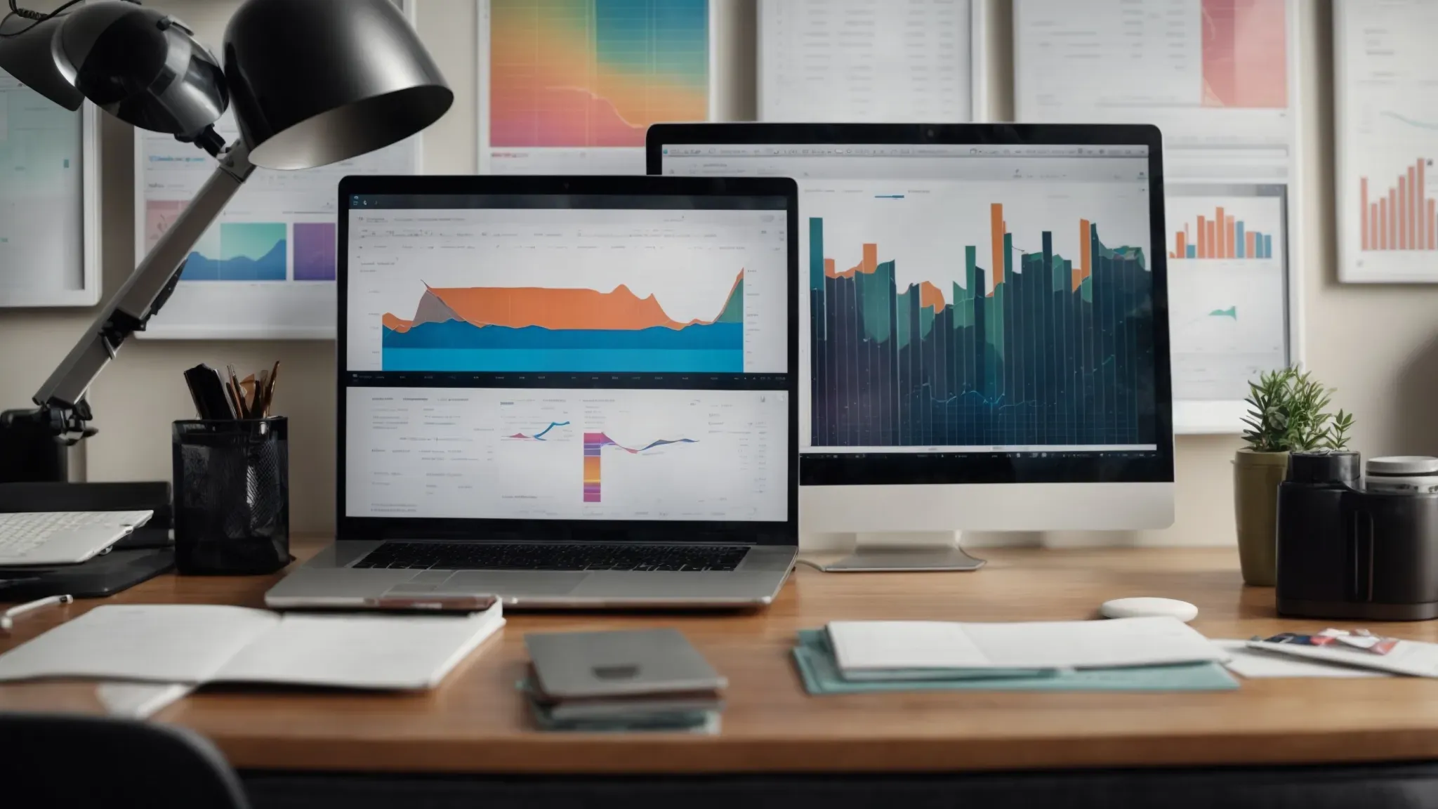 a neatly organized home office with an open laptop displaying colorful graphs and charts on the screen, while a clear, tidy desk hints at efficient financial planning.