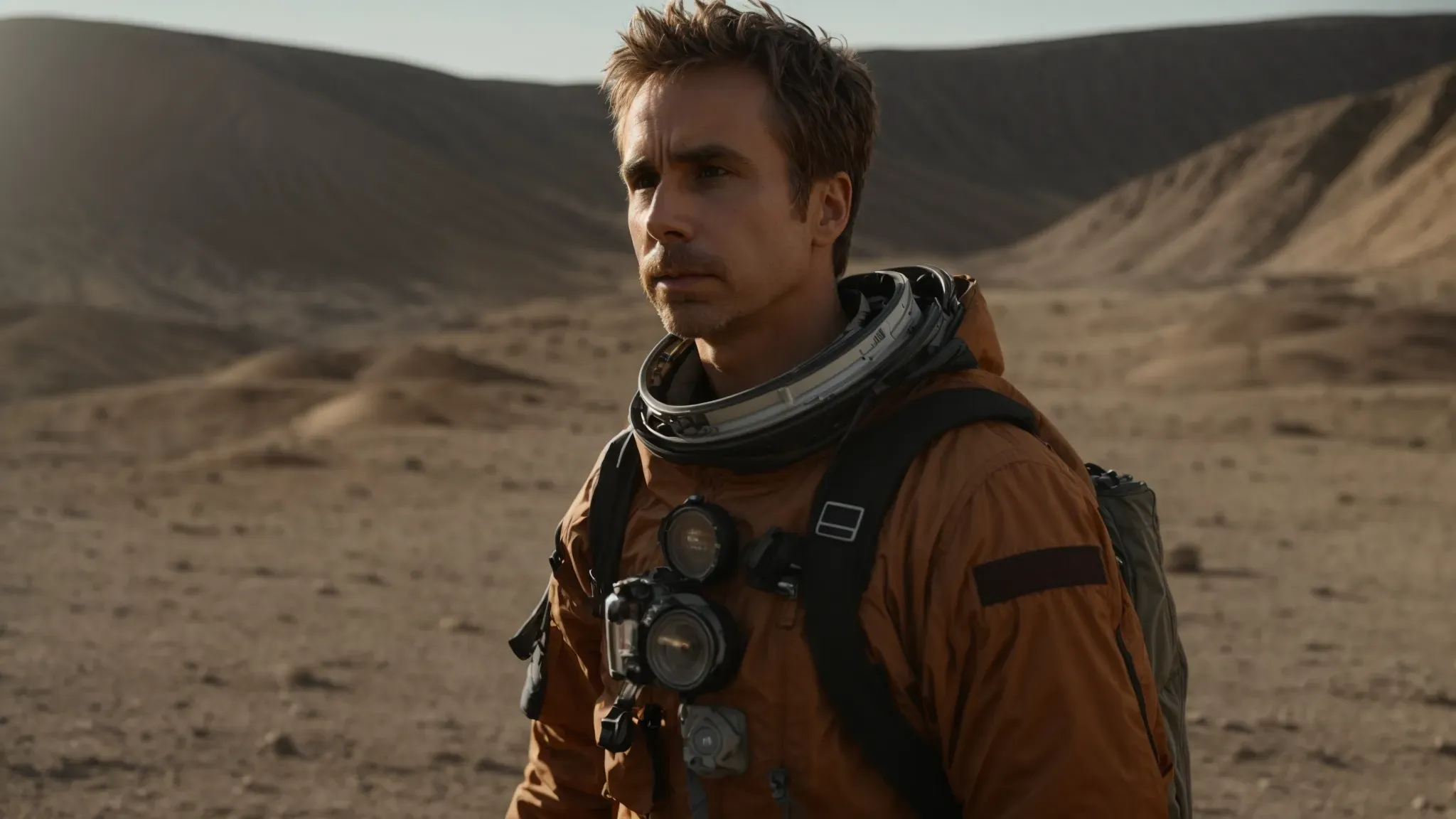 sam rockwell's character gazes out upon the barren lunar landscape, the earth a distant orb hanging in the vast, starry expanse.
