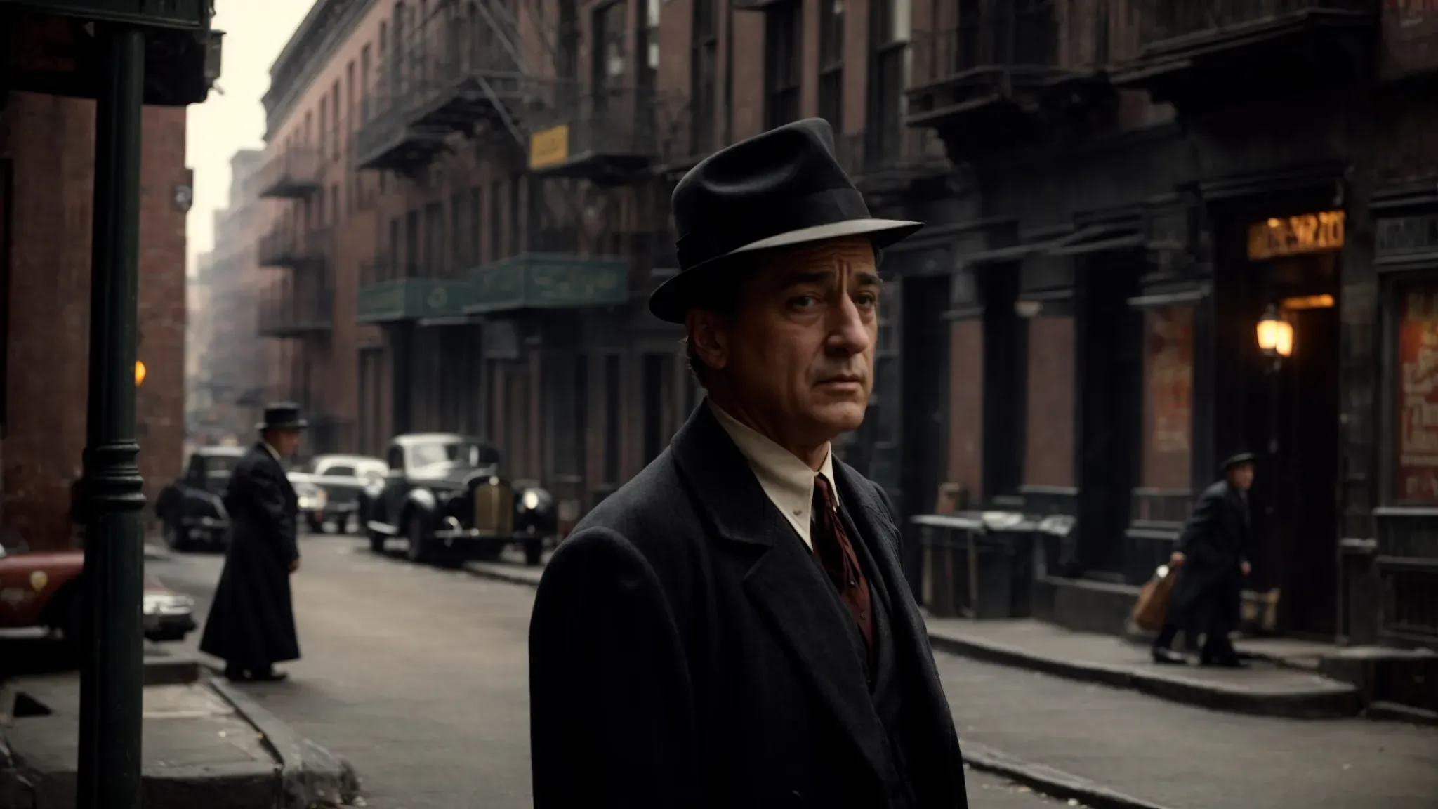a dimly lit, 1940s new york street where robert de niro, as young vito corleone, exudes power against an old tenement backdrop.