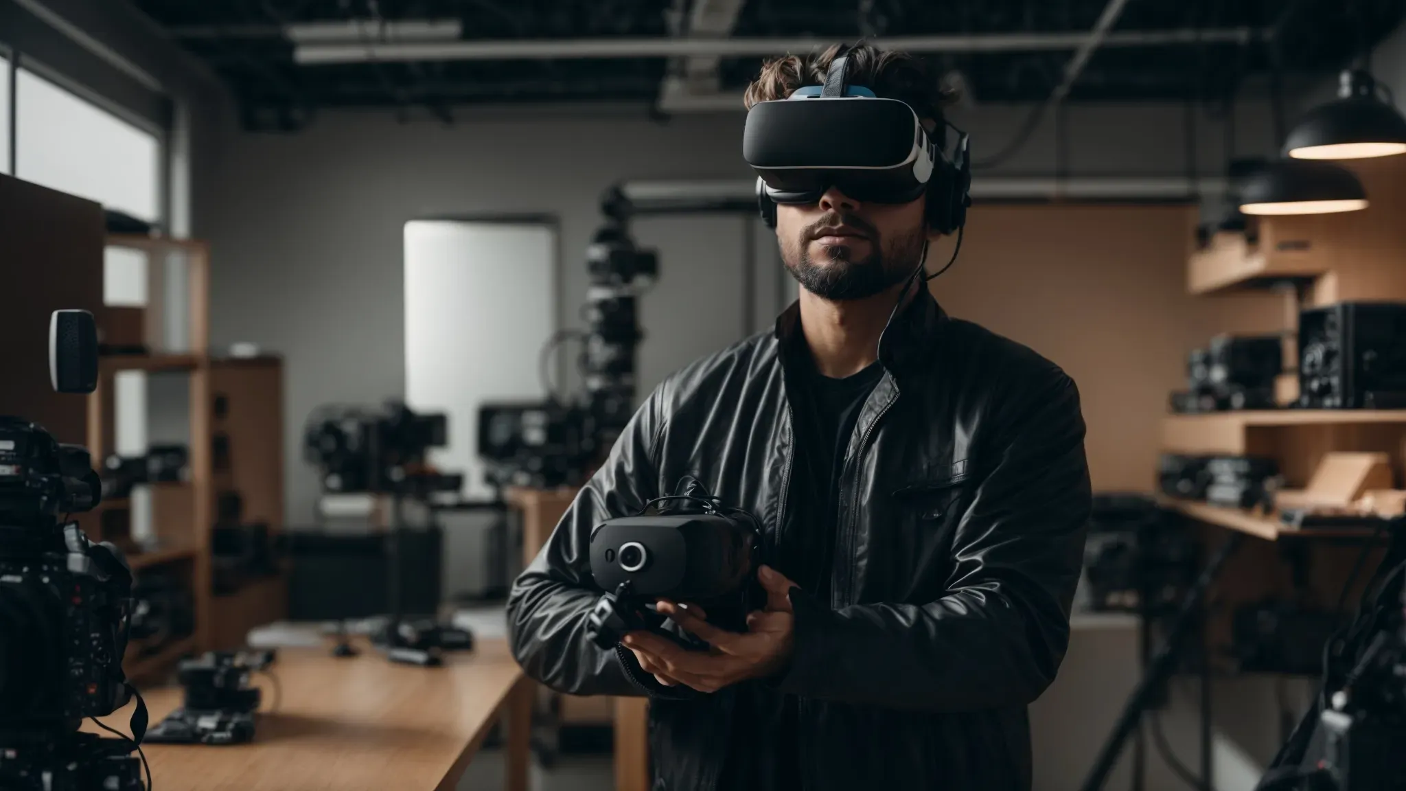 a filmmaker wearing virtual reality goggles stands in a modern studio filled with cutting-edge digital equipment.