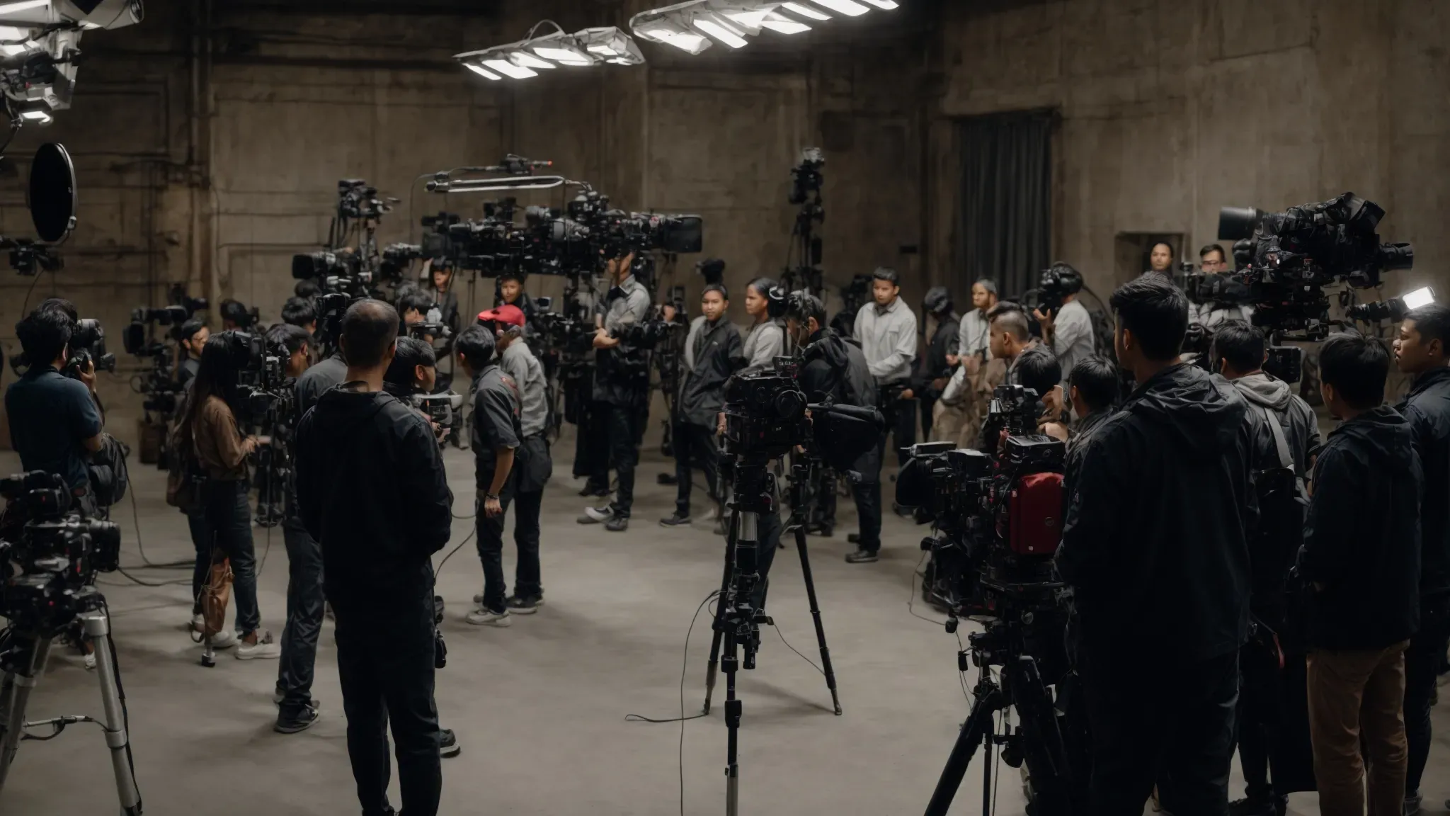 a diverse film crew attentively gathers around a large monitor, observing a real-time scene execution.
